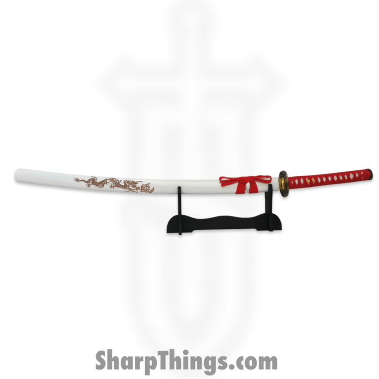 Tiger USA - PS-H16-B - Katana - Carbon Steel w Hamon Line - White Scabbard - Red Handle - Stand Inc - Image 2