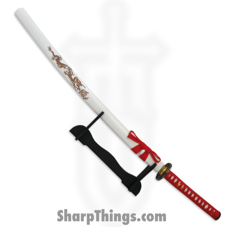 Tiger USA - PS-H16-B - Katana - Carbon Steel w Hamon Line - White Scabbard - Red Handle - Stand Inc - Image 4