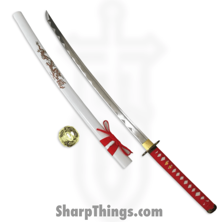 Tiger USA - PS-H16-B - Katana - Carbon Steel w Hamon Line - White Scabbard - Red Handle - Stand Inc