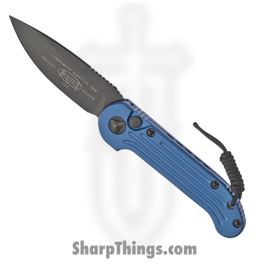 Microtech - 135-1BL - L.U.D.T. - Automatic Knife - Elmax, M390, 204P Two Tone Drop Point - 6061-T6 Aluminum - Blue - Image 6