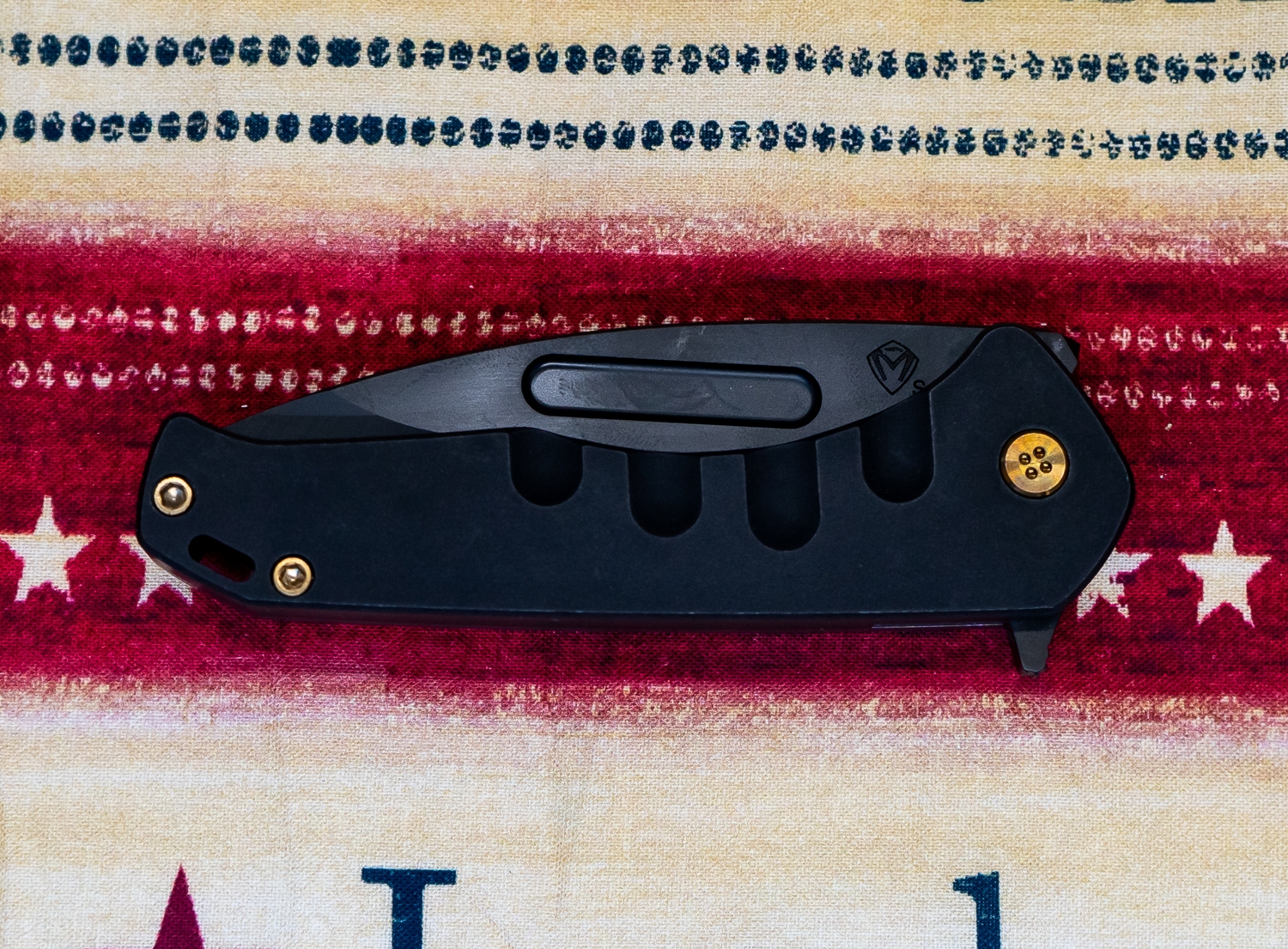 Medford Knife - Praetorian Swift FL Flipper - Drop Point - S35VN - Bronze Hardware - Blue/Black - Image 2