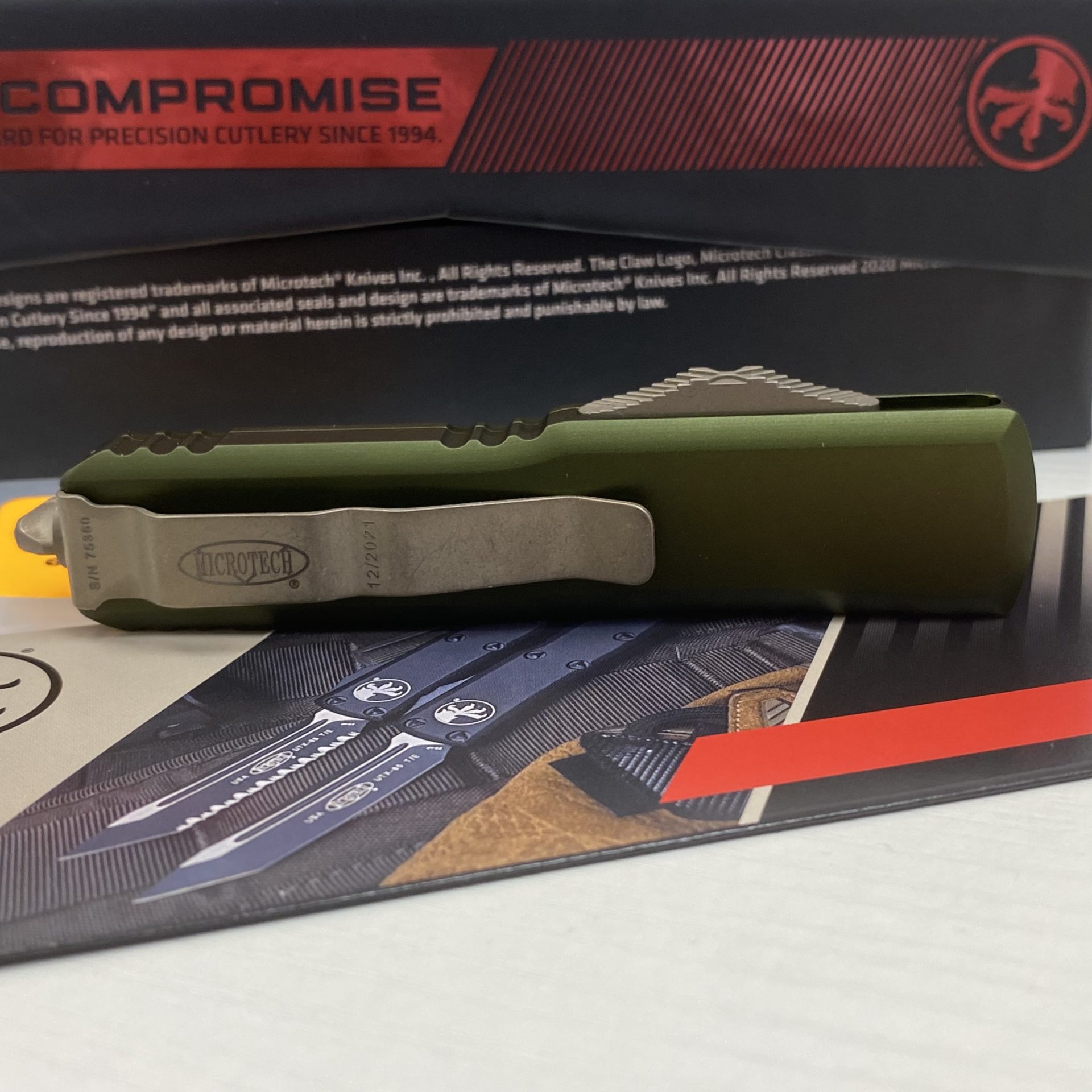 Microtech - 232-13APOD - UTX-85 - OTF Auto - Elmax, M390, 204P Bronze Apocalyptic Dagger - 6061-T6 Aluminum - OD Green - Image 4