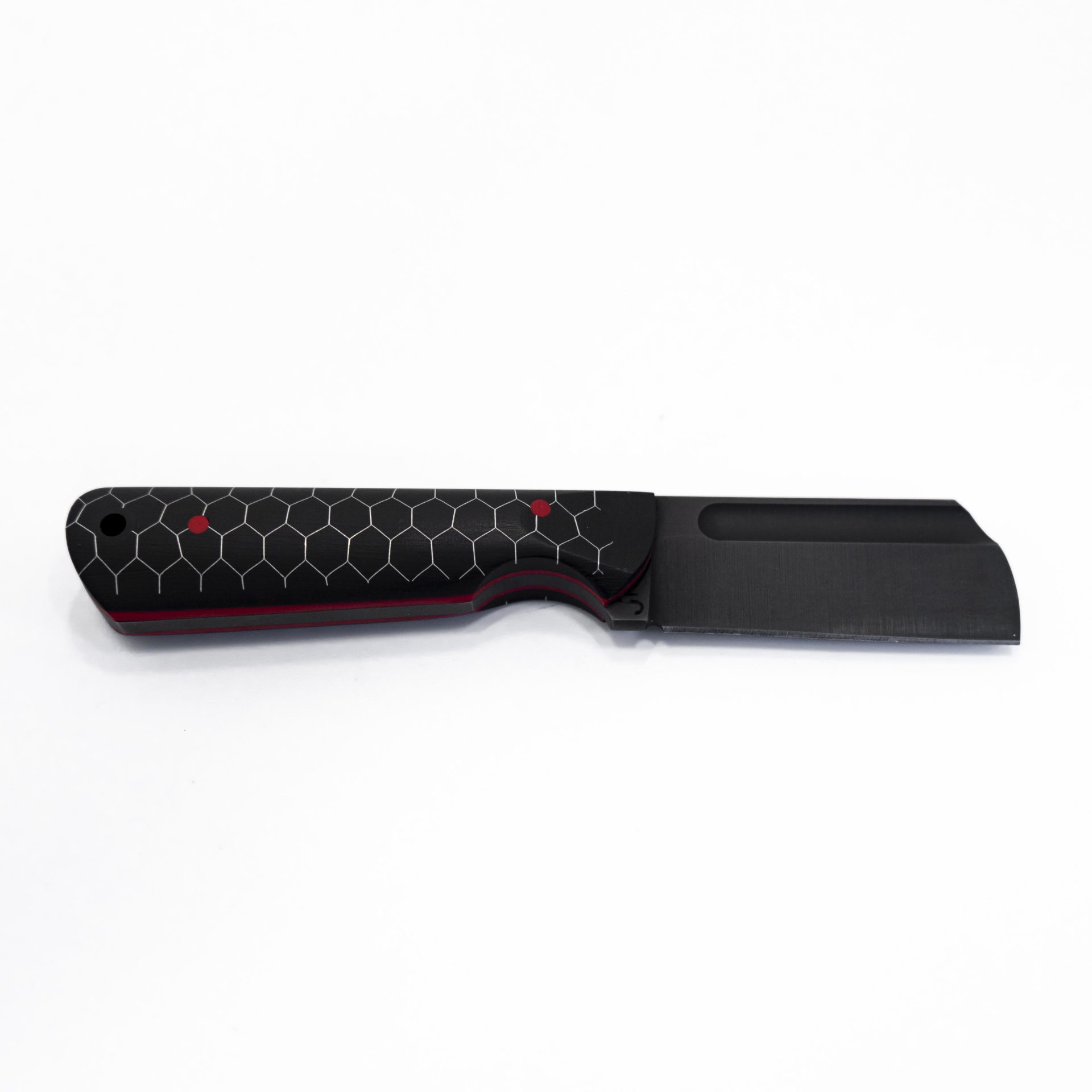 JRs Knives - JRsEDCCleav - EDC Cleaver - Fixed Blade Knife - 1095 HC Coated Cleaver - G10/Honeycomb/Red Pins - Black/Red - Image 4