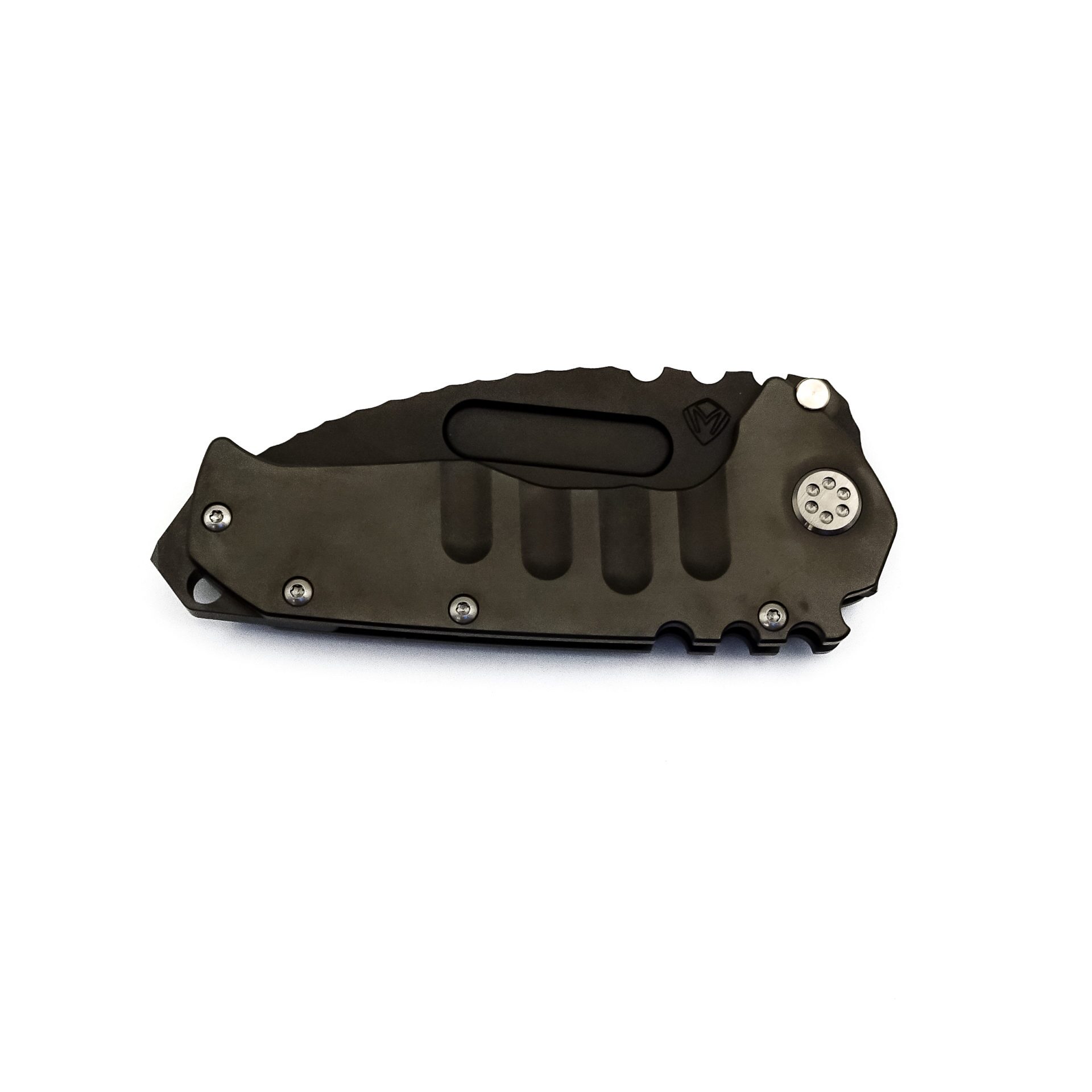 Medford Knife - MK012SPD-30PV-TBCB-BP - Praetorian T Tumbled Drop Point Folding Knife - Silver "Jimped Lightning" - Image 4
