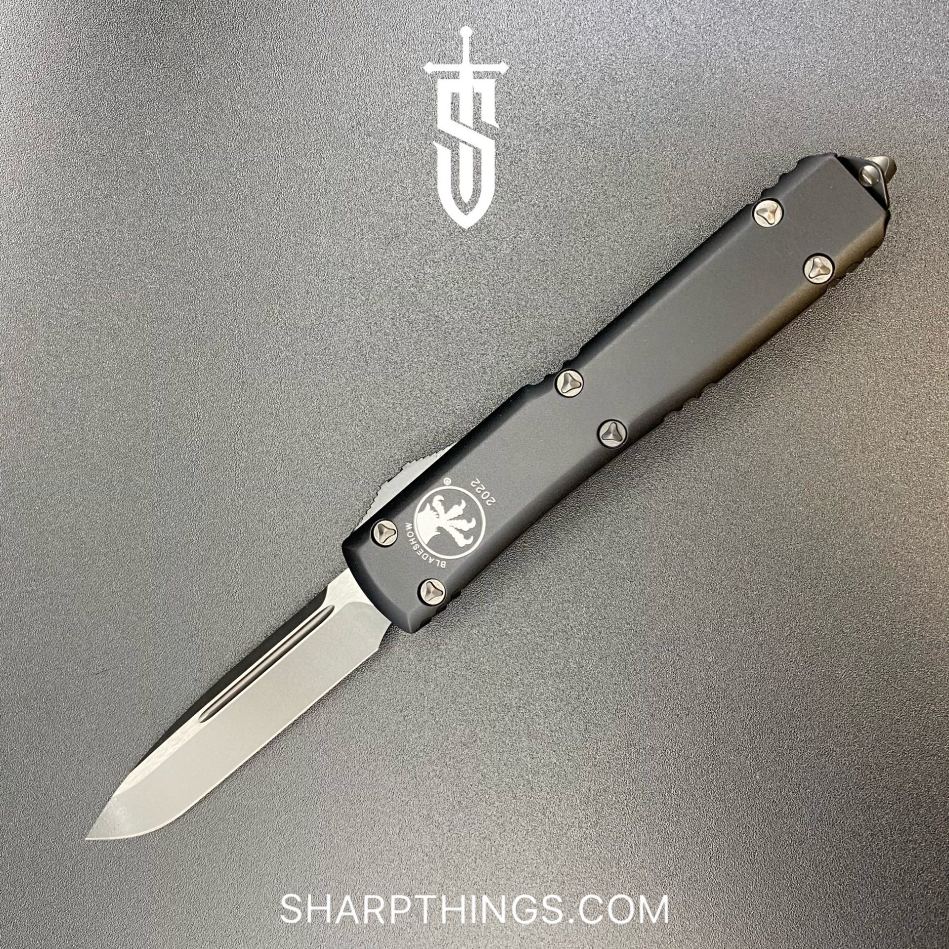 Microtech - 121-1 DLCTBS - Ultratech Blade Show 2022 - OTF Auto - M390 Coated Drop Point - 6061-T6 Aluminum - Black