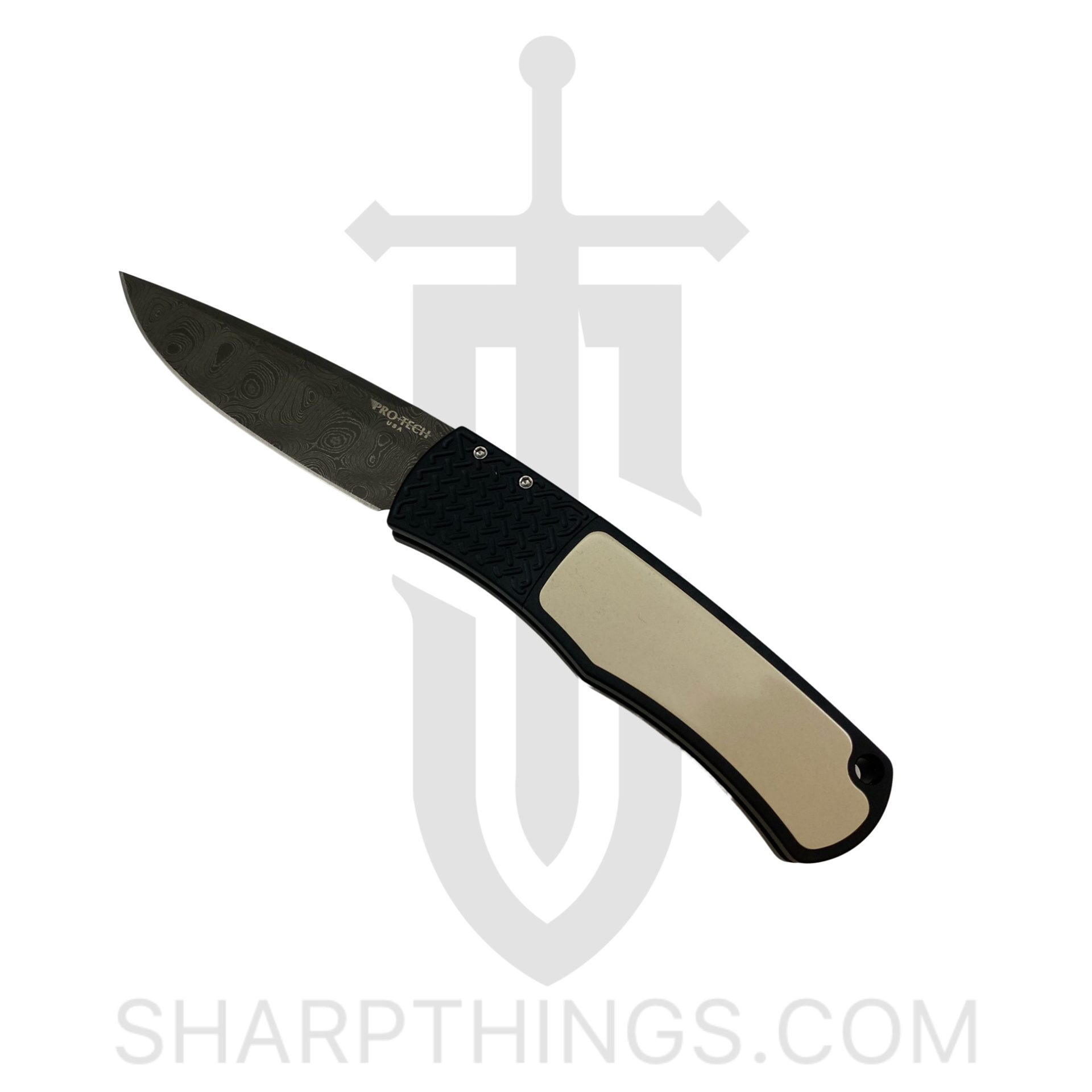 ProTech - Blemish - Whiskers - BR1.51 Damascus - Tuxedo - Nichols Damascus - Black Handle Ivory Micarta Patterned bolster