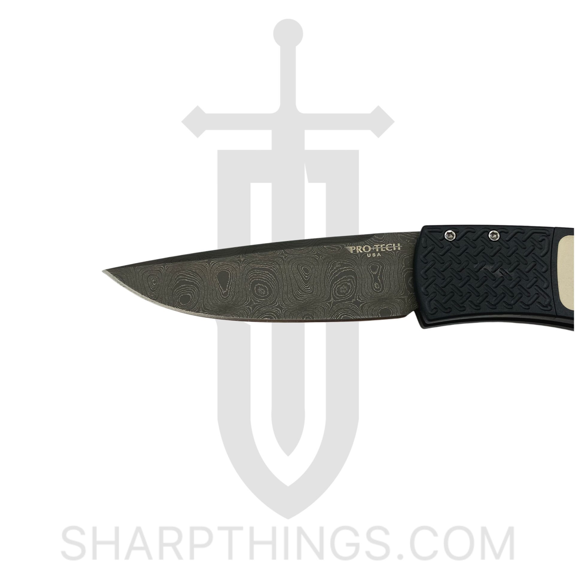ProTech - Blemish - Whiskers - BR1.51 Damascus - Tuxedo - Nichols Damascus - Black Handle Ivory Micarta Patterned bolster - Image 5