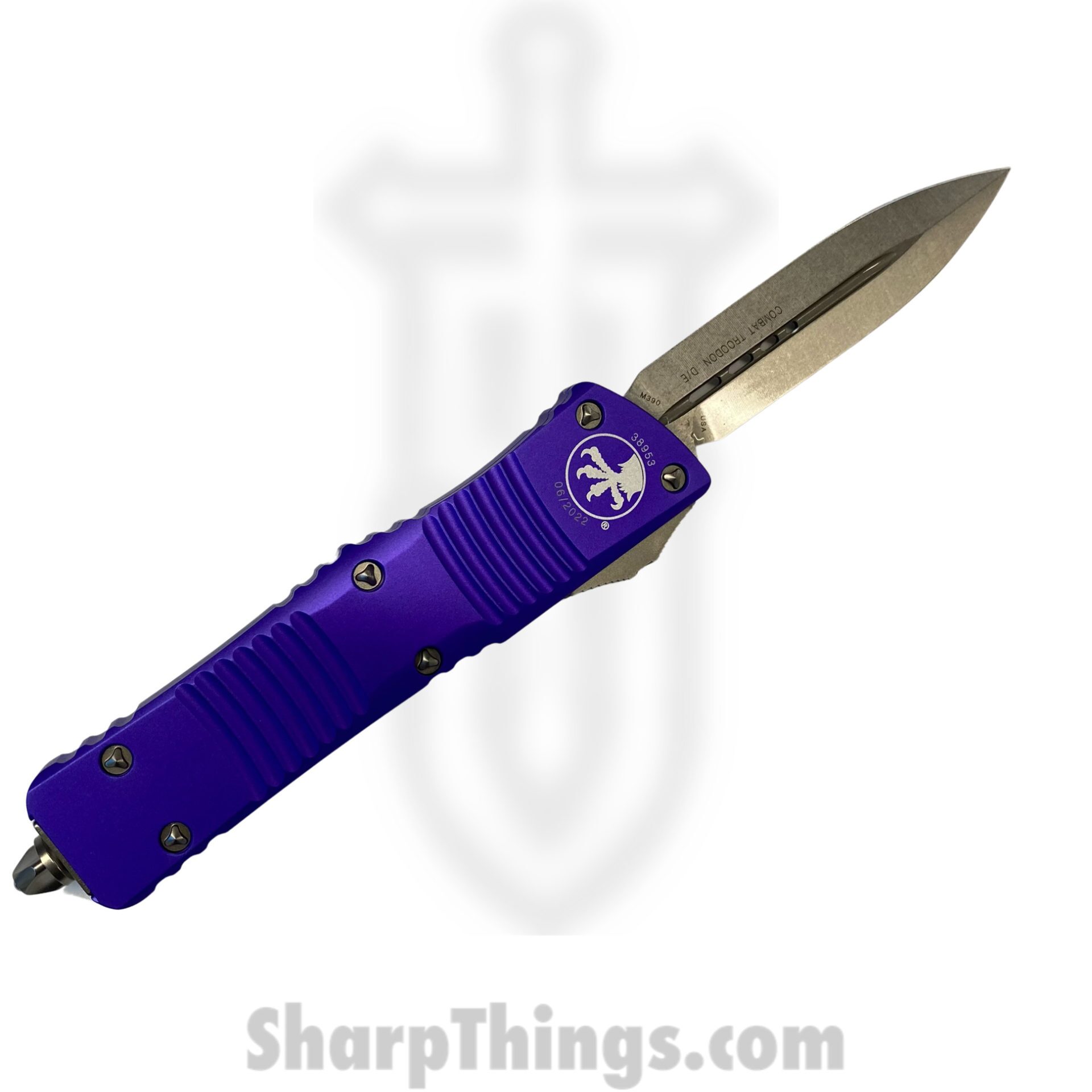 Microtech - 142-10PU - Combat Troodon - OTF Auto - Elmax, M390, 204P Stonewash Dagger - 6061-T6 Aluminum - Purple