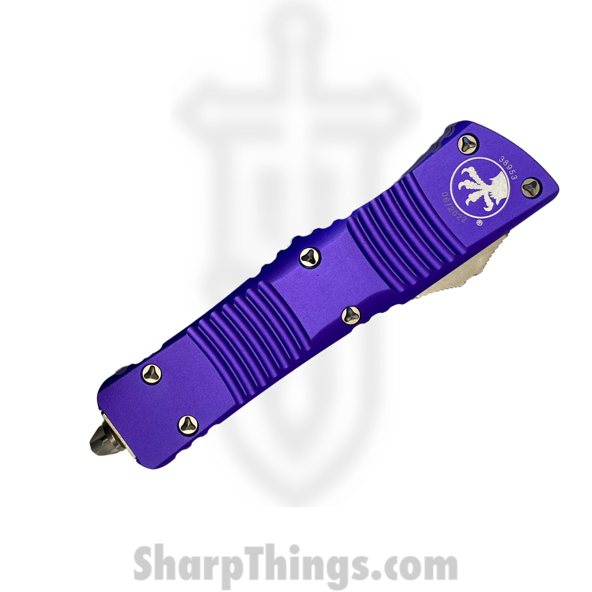 Microtech - 142-10PU - Combat Troodon - OTF Auto - Elmax, M390, 204P Stonewash Dagger - 6061-T6 Aluminum - Purple - Image 3