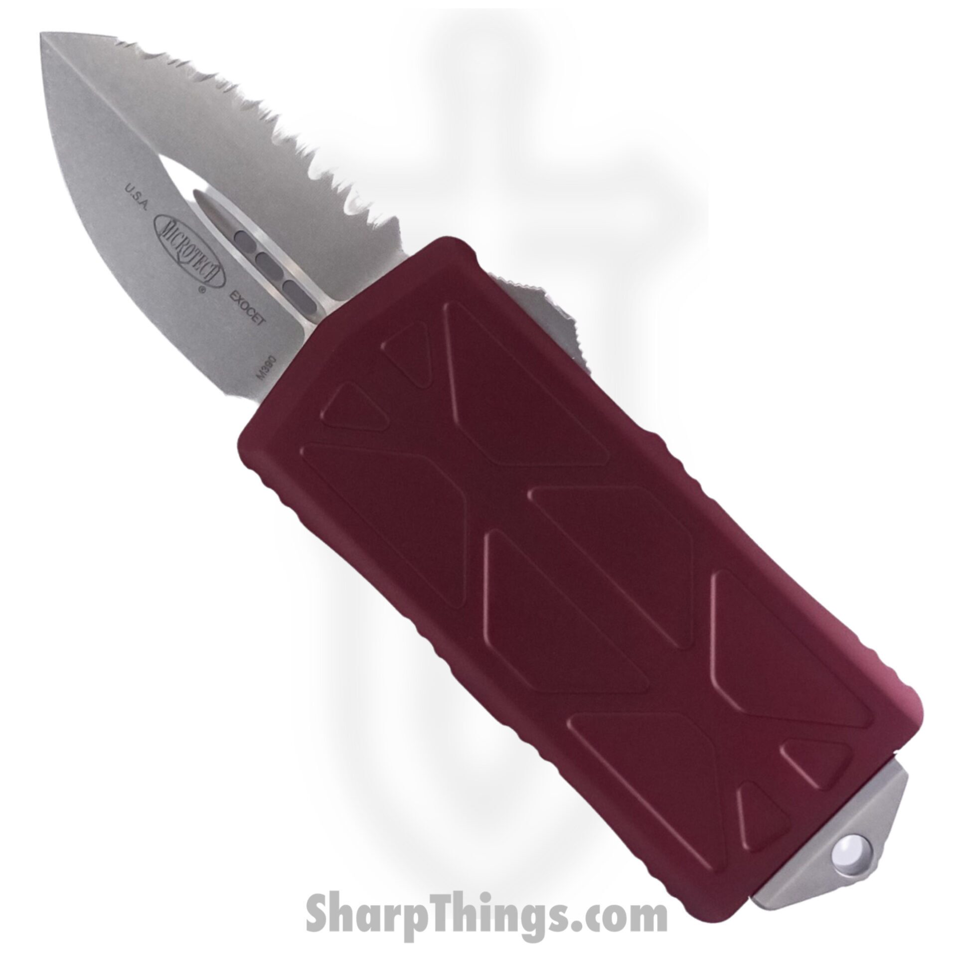 Microtech - 157-12MR - Exocet - OTF Auto - Elmax, M390, 204P Stonewash Dagger - 6061-T6 Aluminum - Merlot