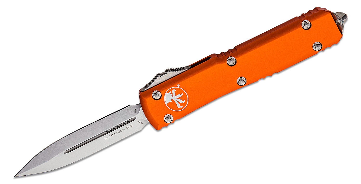 Microtech - 232-12OR - UTX-85 Automatic OTF D/E Knife - Full Serrated Stonewash - Orange