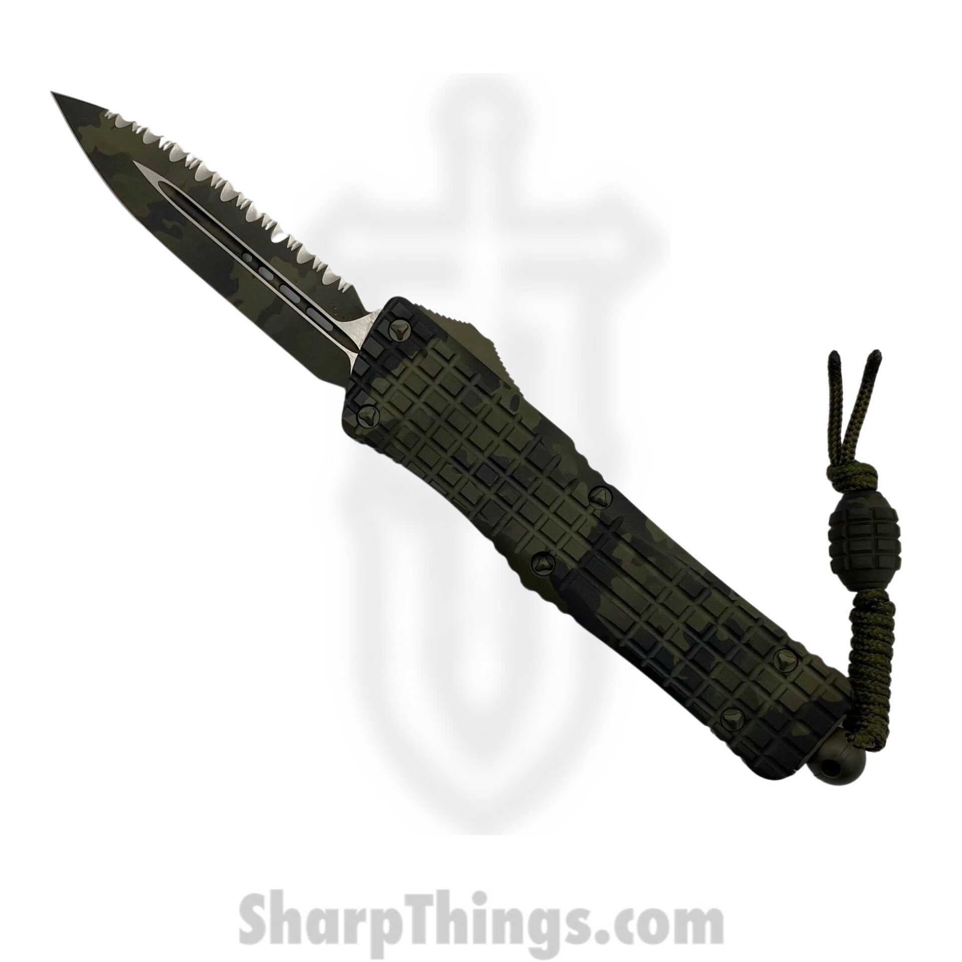 Microtech - 142-3FROCS - Combat Troodon - OTF Auto - M390 Coated Dagger - 6061-T6 Aluminum/Frag - OD Green Camo