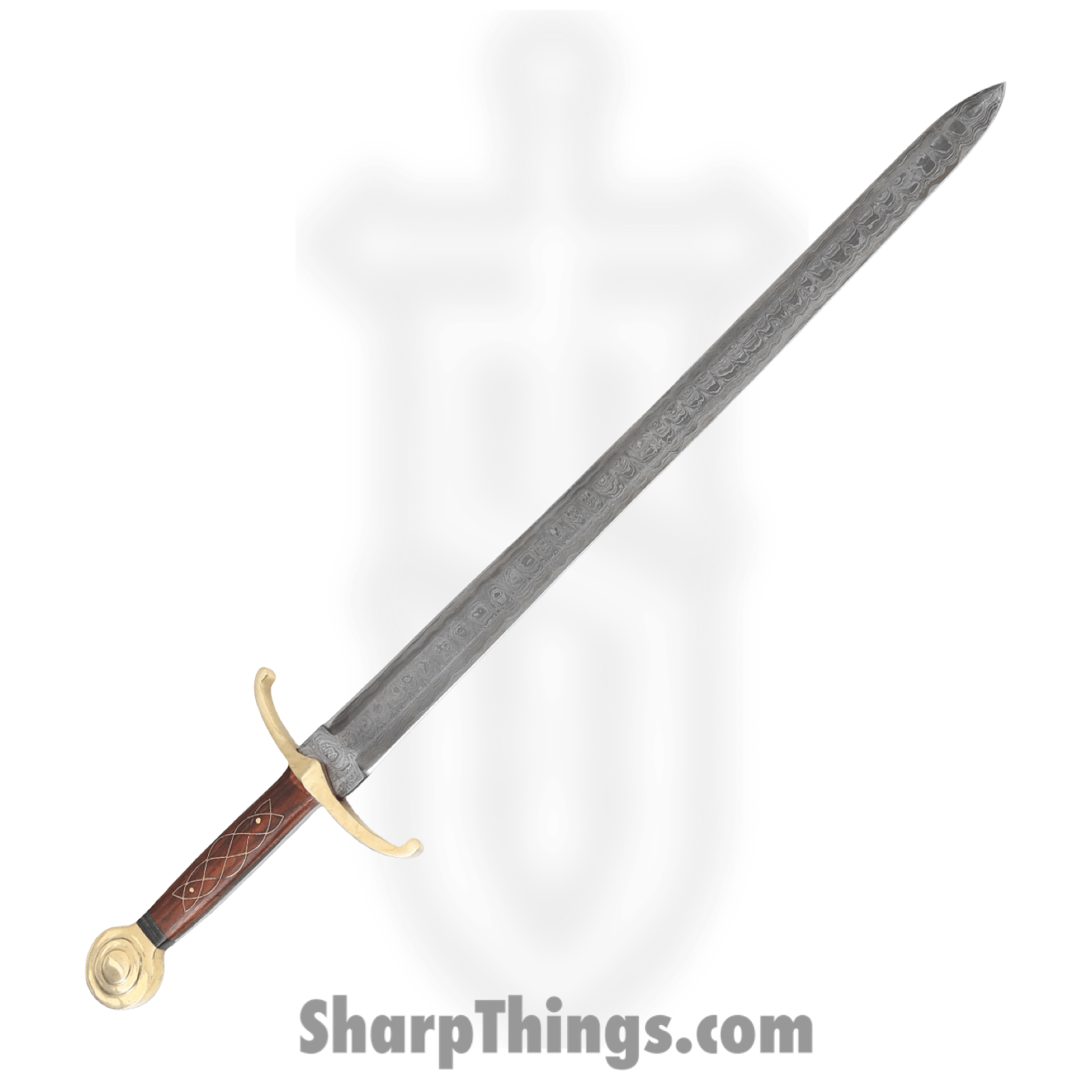 Damascus - DM5018 - 32 inch Double Edge Sword - Fixed Blade Knife - Damascus Dagger - Wood Brass Inlay - Brown Brass - Image 2