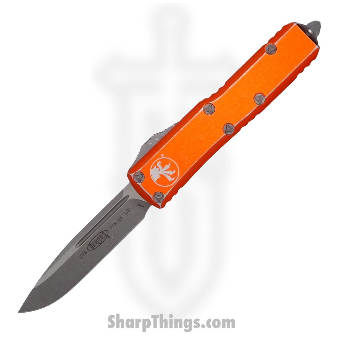 Microtech - 231-10DOR - UTX-85 - OTF Auto - Elmax, M390, 204P Apocalyptic Drop Point - 6061-T6 Aluminum - Distressed Orange