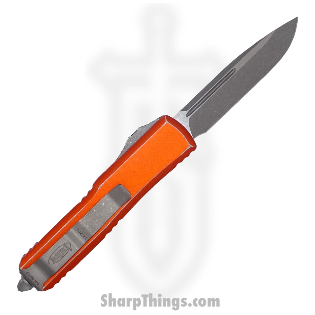 Microtech - 231-10DOR - UTX-85 - OTF Auto - Elmax, M390, 204P Apocalyptic Drop Point - 6061-T6 Aluminum - Distressed Orange - Image 2