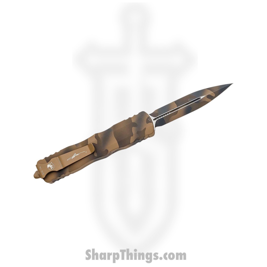 Microtech - 227-1CCS - Dirac Delta Signature Series - OTF Auto - Elmax, M390, 204P Coated Dagger - 6061-T6 Aluminum - Coyote Camo - Image 2