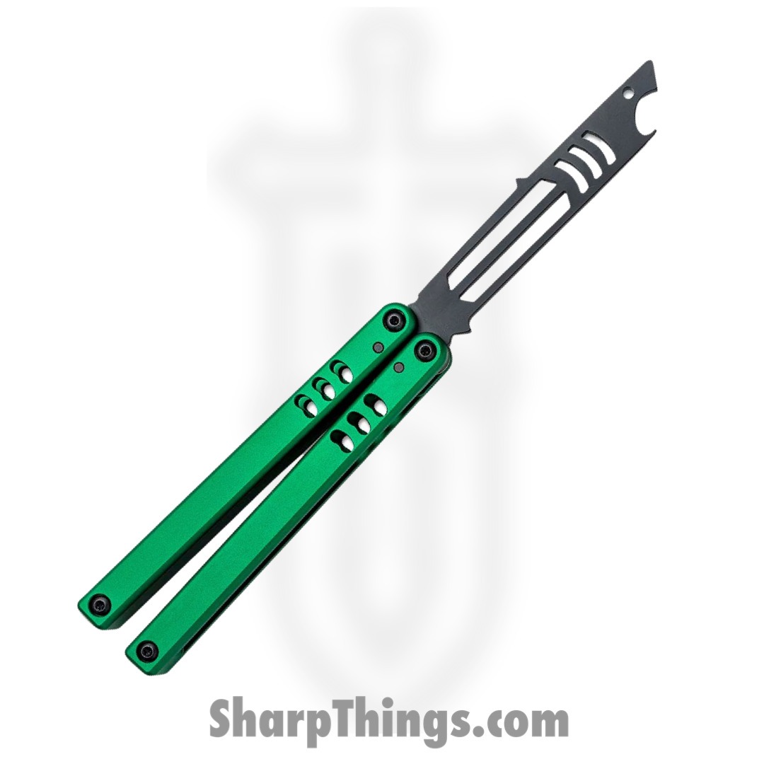 Squid Industries - 04TR04CK01PU - Mako V4.5 Inked Bottle Opener Balisong Trainer - 304 Stainless 6061-T6 - Green and Black - Image 2