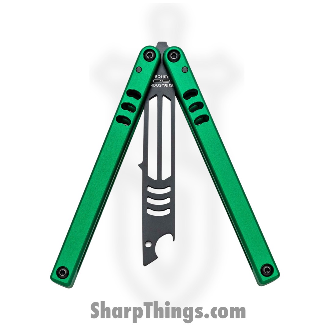 Squid Industries - 04TR04CK01PU - Mako V4.5 Inked Bottle Opener Balisong Trainer - 304 Stainless 6061-T6 - Green and Black - Image 3