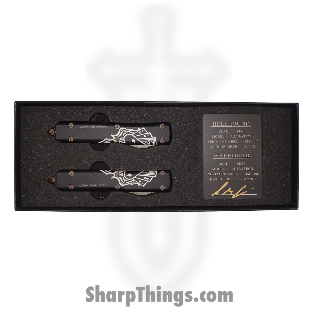 Microtech - 119-13SETDMS - Ultratech Hellhound/Warhound Dead Man's Hand Set - OTF Auto - Elmax Bronze - 6061-T6 Aluminum - Black/White - Image 5