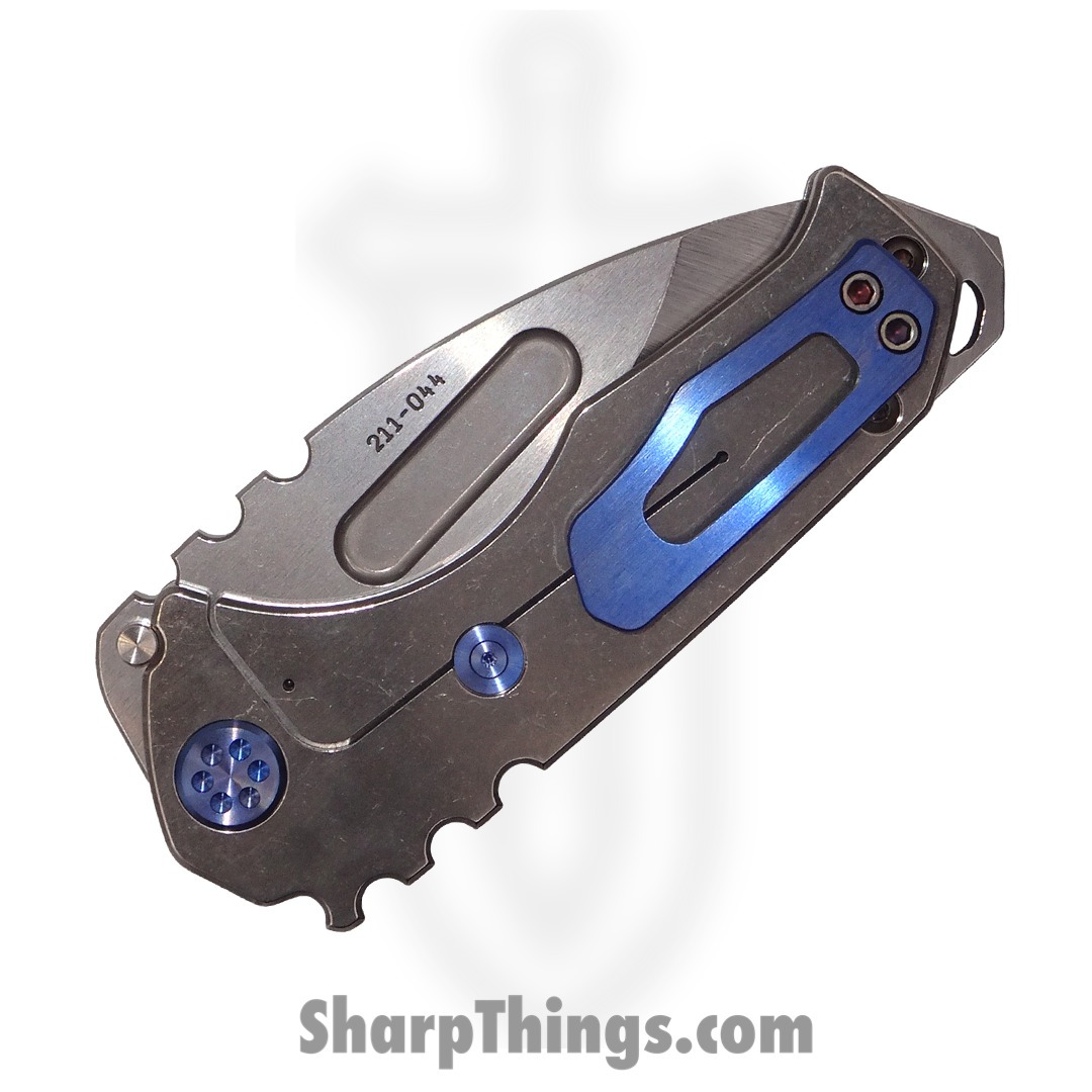 Medford Knife - MK0294TD-01TM-T2C2-BN - Genesis "T" Drop Point Folder - Tumbled S45VN - Tumbled Titanium w/ Blue HW/Clip - Image 4