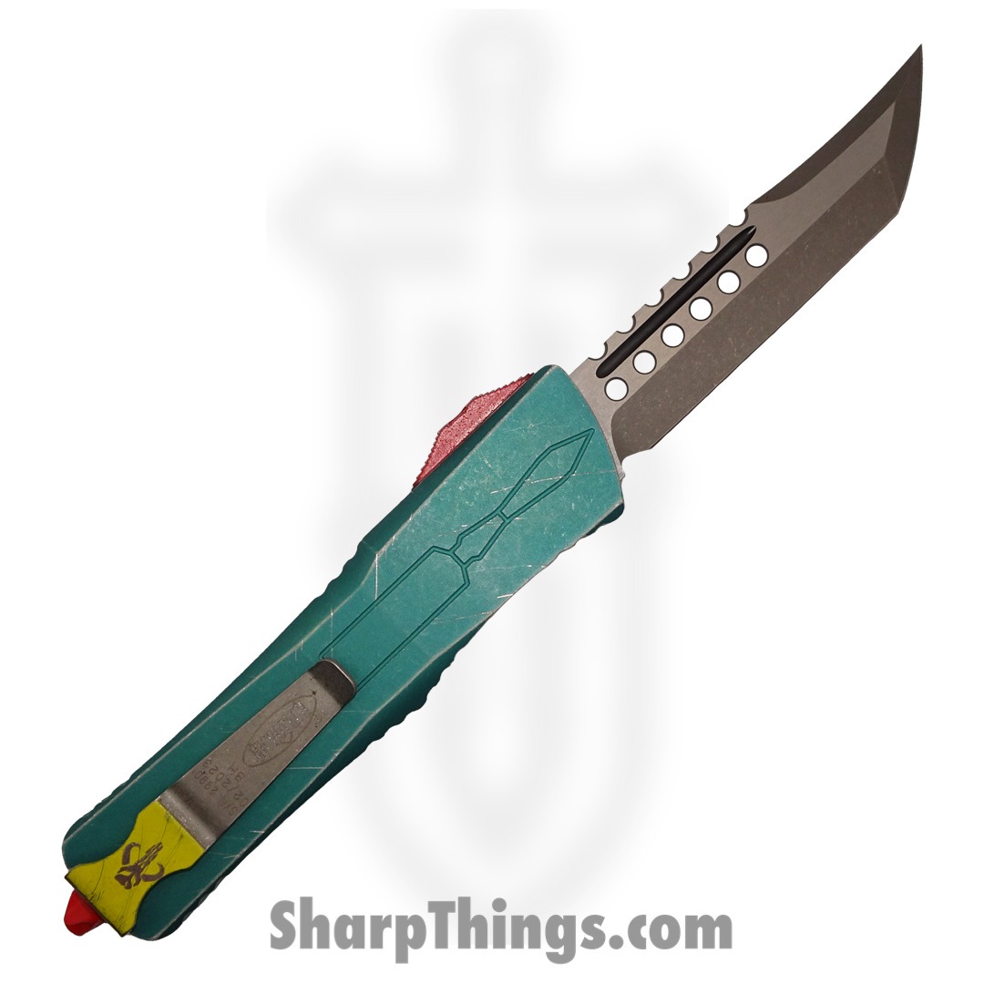 Microtech - 219-10BH - Combat Troodon Bounty Hunter - OTF Auto - M390 Apocalyptic Hellhound Tanto - 6061-T6 Aluminum - Green/Red/Yellow - Image 4
