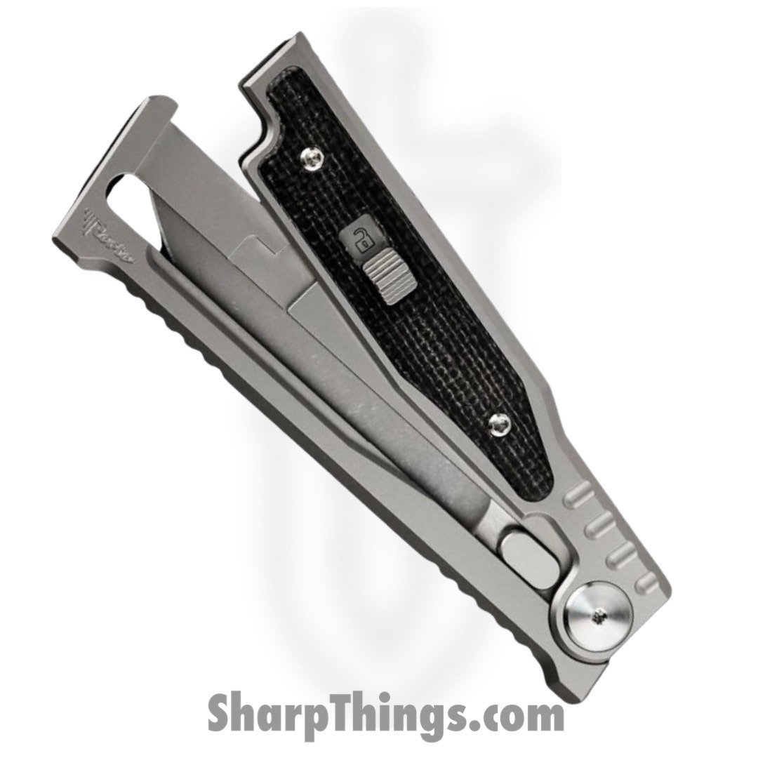 Reate Knives - EXOM-TNMIBK - EXO-M - OTF Gravity Knife - Satin Elmax Tanto - Titanium w Micarta - Black - Image 3