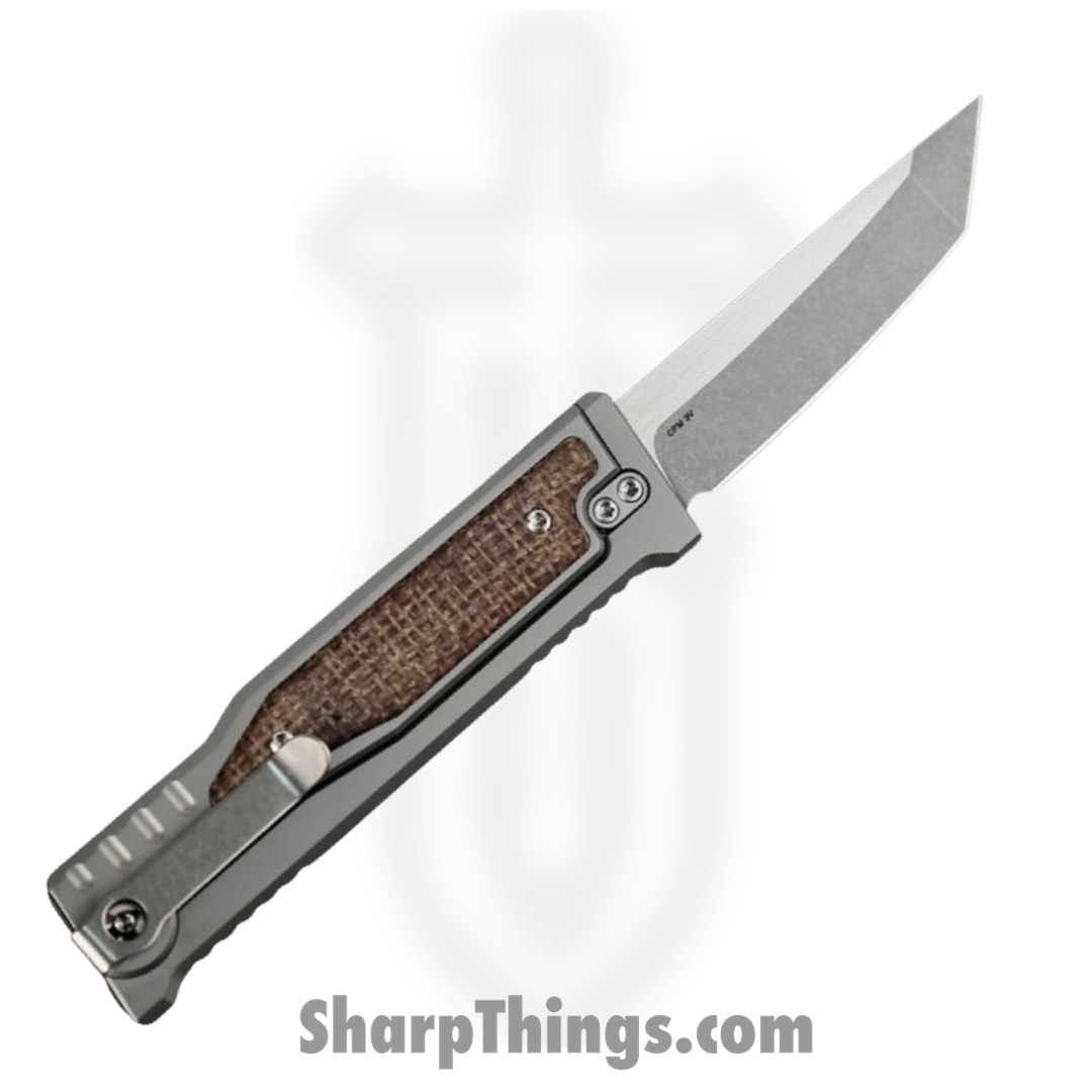 Reate Knives - EXOM-TNMIBU - EXO-M - OTF Gravity Knife - Satin Elmax Tanto - Titanium w Micarta - Burlap