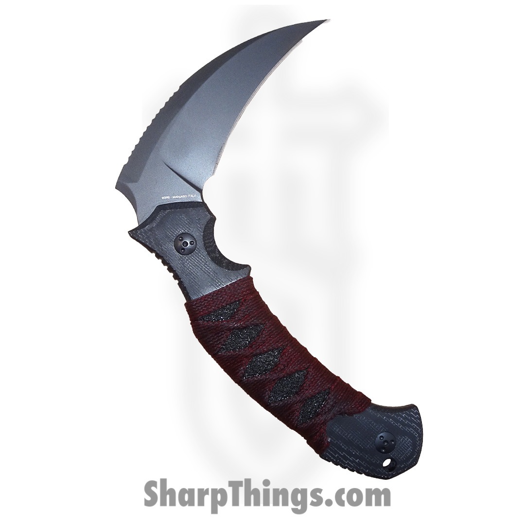 Bastinelli Creations - BASGRPY3.23 - Grumpy - Fixed Blade Knife - M390 Coated Hawkbill - Micarta with Wrapping - Black Red - Image 3