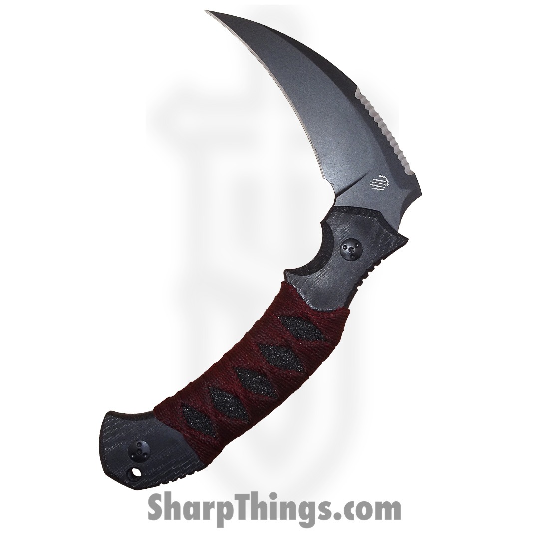 Bastinelli Creations - BASGRPY3.23 - Grumpy - Fixed Blade Knife - M390 Coated Hawkbill - Micarta with Wrapping - Black Red - Image 2