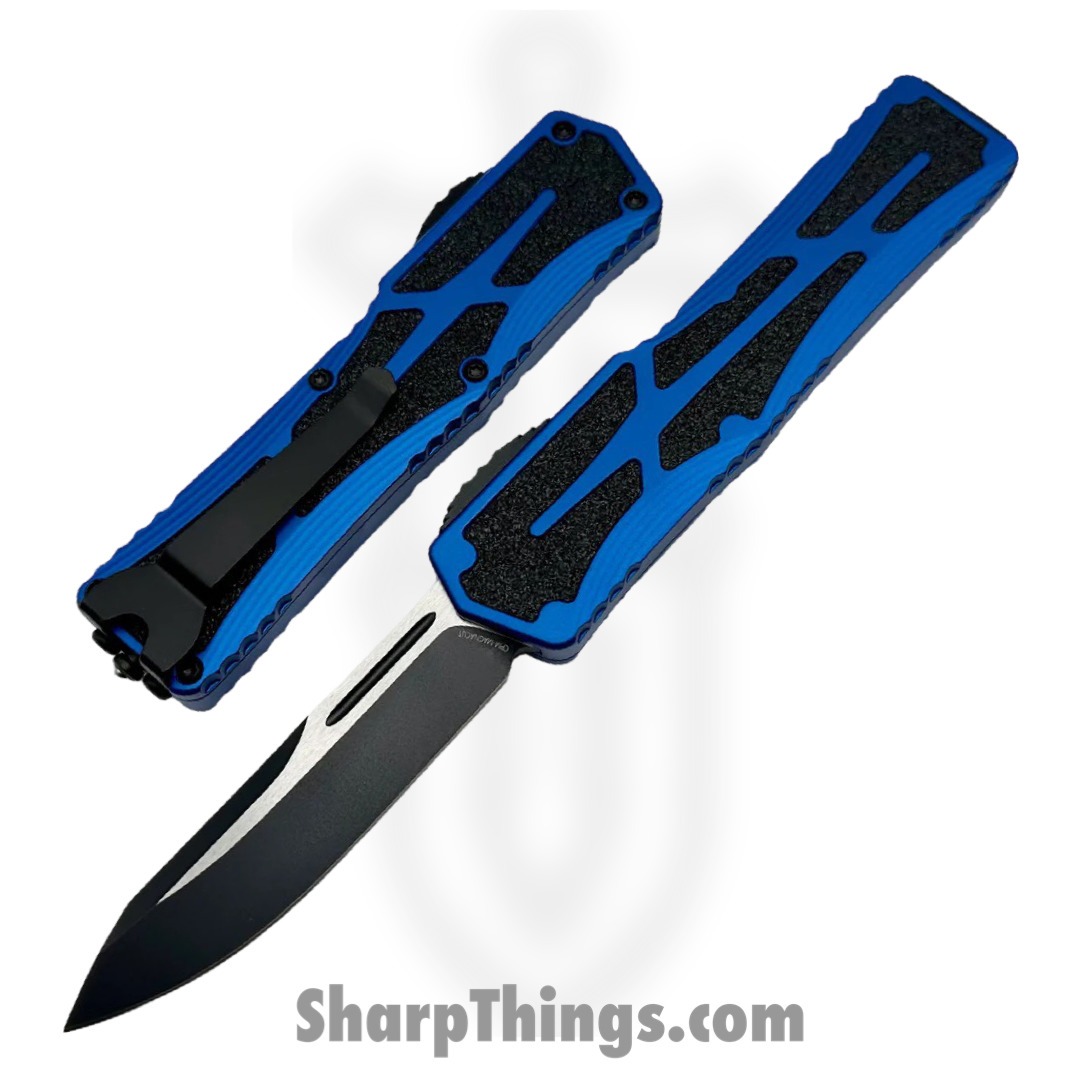 Heretic Knives - H039-10A-BLU - Colossus - OTF Auto - Magnacut Two Tone Clip Point - Aluminum/Traction Inlay - Blue/Black