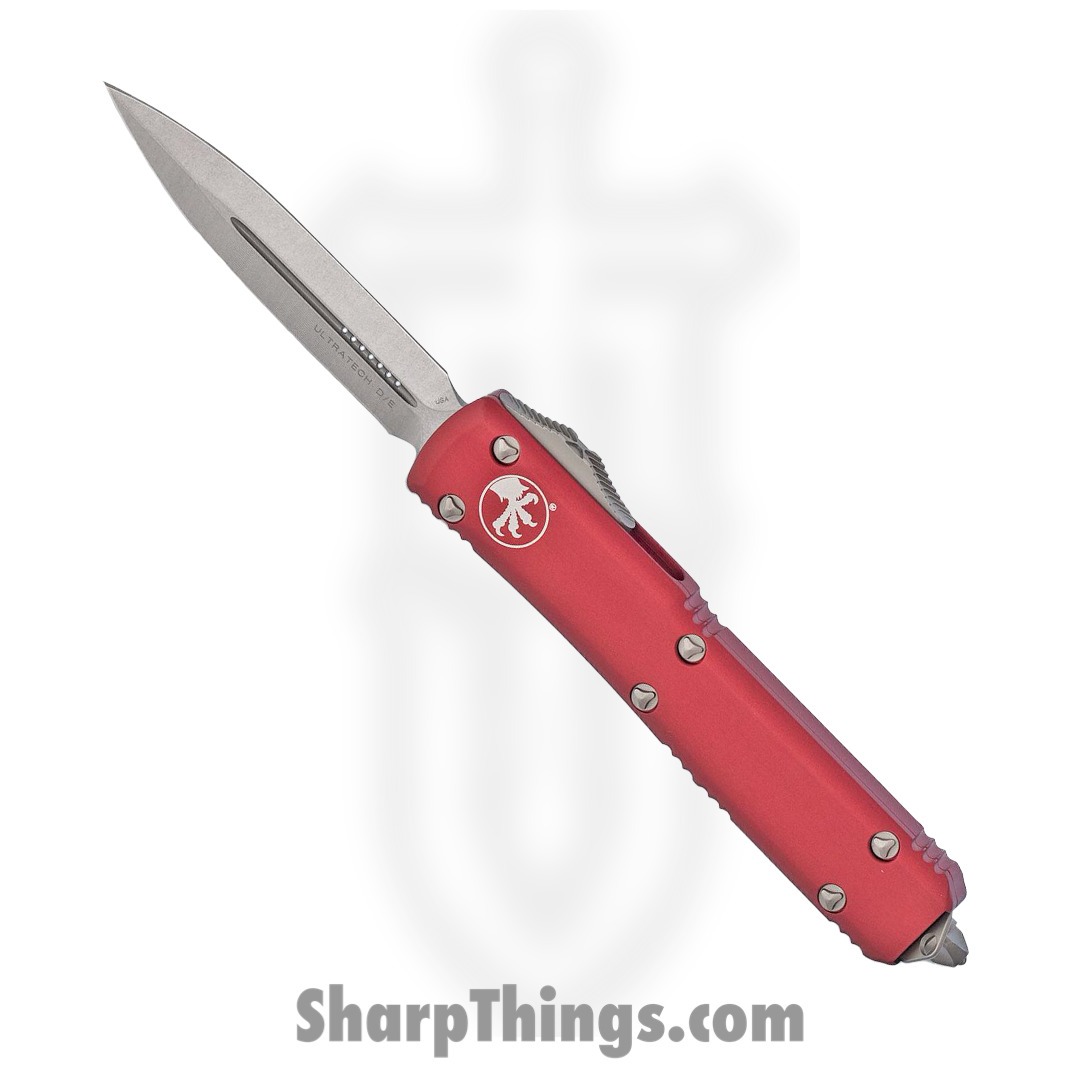 Microtech - 122-10RD - Ultratech - OTF Auto - Elmax, M390, 204P Stonewash Dagger - 6061-T6 Aluminum - Red