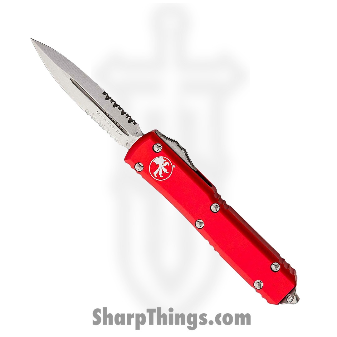 Microtech - 122-11RD - Ultratech - OTF Auto - Elmax, M390, 204P Stonewash Dagger - 6061-T6 Aluminum - Red