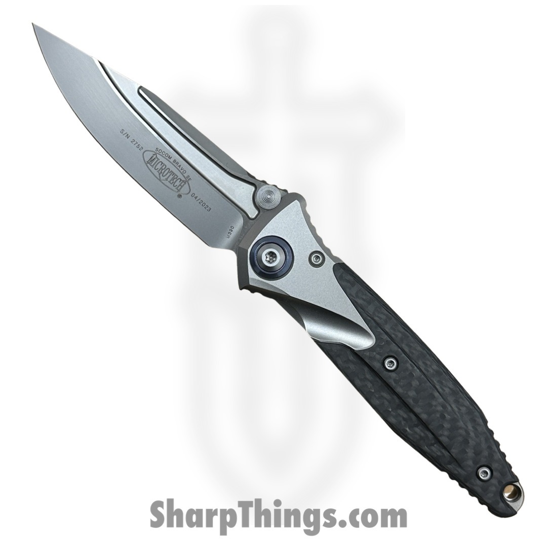 Microtech - 260-7CFTI - Socom Bravo - Folding Knife - Bead Blasted S/E Manual Folding Knife - Bolstered Titanium Blue Pivot Collar - CF Scales