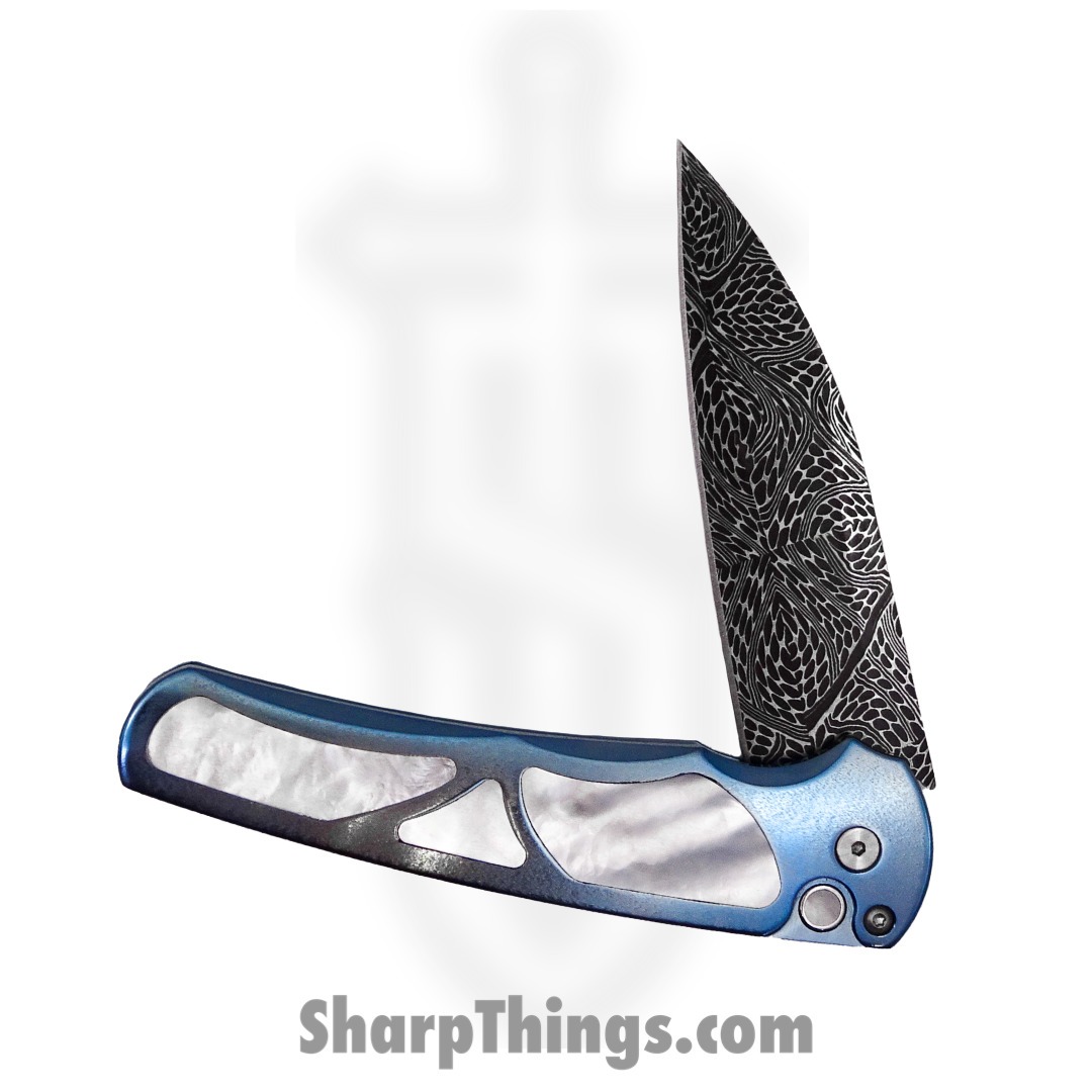 PROTECH - 2023MALIBU011 - 2023 Malibu Custom 011 Blue Ti w/ White Pearl Inlays - Nichols Damascus Mosaic Wharncliffe - Anodized Titanium with White Pearl Inlay - Blue Pearl - Image 3