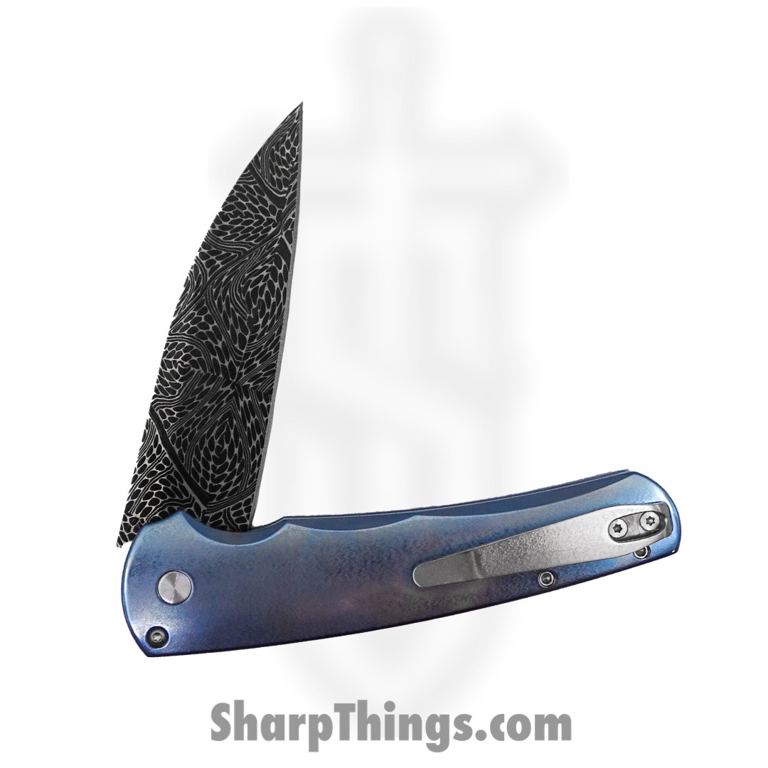 PROTECH - 2023MALIBU011 - 2023 Malibu Custom 011 Blue Ti w/ White Pearl Inlays - Nichols Damascus Mosaic Wharncliffe - Anodized Titanium with White Pearl Inlay - Blue Pearl - Image 4