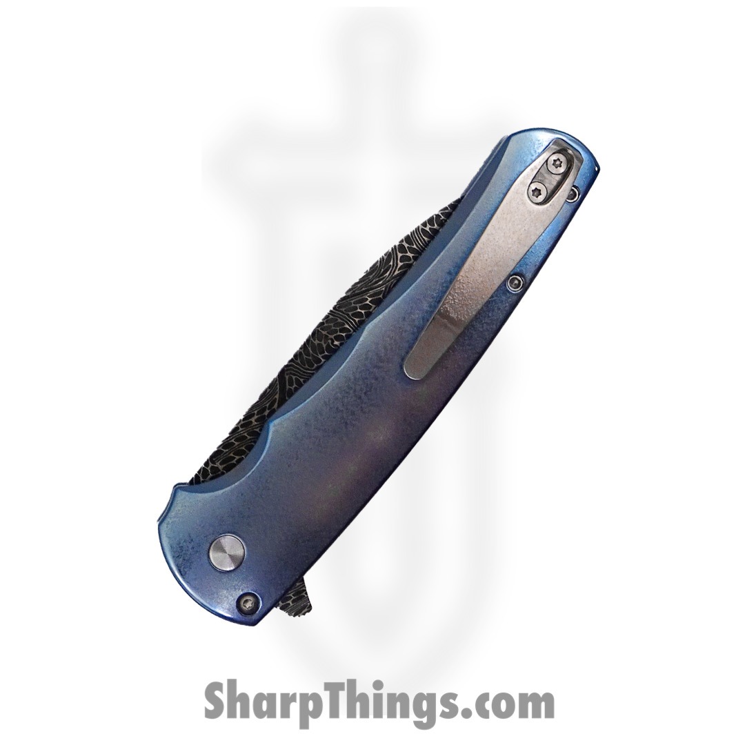 PROTECH - 2023MALIBU011 - 2023 Malibu Custom 011 Blue Ti w/ White Pearl Inlays - Nichols Damascus Mosaic Wharncliffe - Anodized Titanium with White Pearl Inlay - Blue Pearl - Image 6