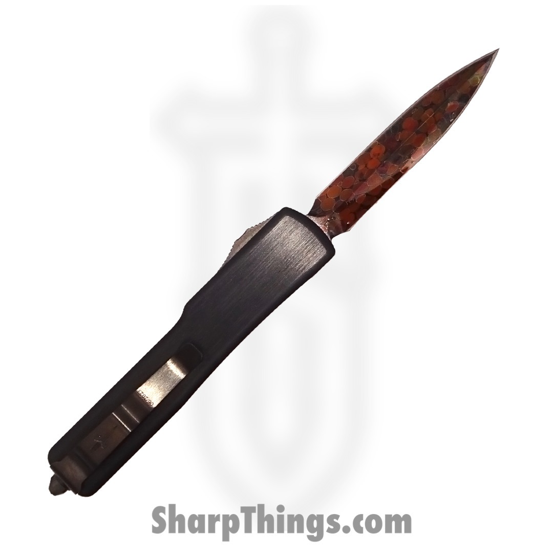 Microtech - 347-MCK-BC12 - Marfione Custom Utx-70 - Reitveld Hot Blued Dragonskin Damascus Spike Grind D/E - Hefted Alloy - Black - Image 2