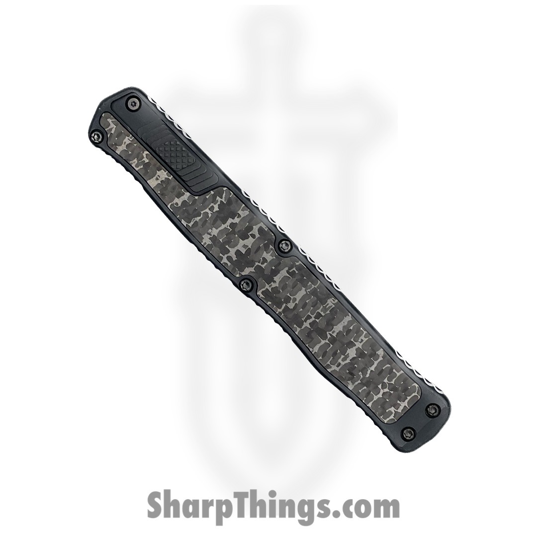 Heretic Knives - Cler2BFFCSS - Cleric II - OTF Auto - Baker Forge Damascus Double Edge - 6061-T6 Aluminum - Black Ano w/Fat Carbon Silver Snakeskin - Image 3