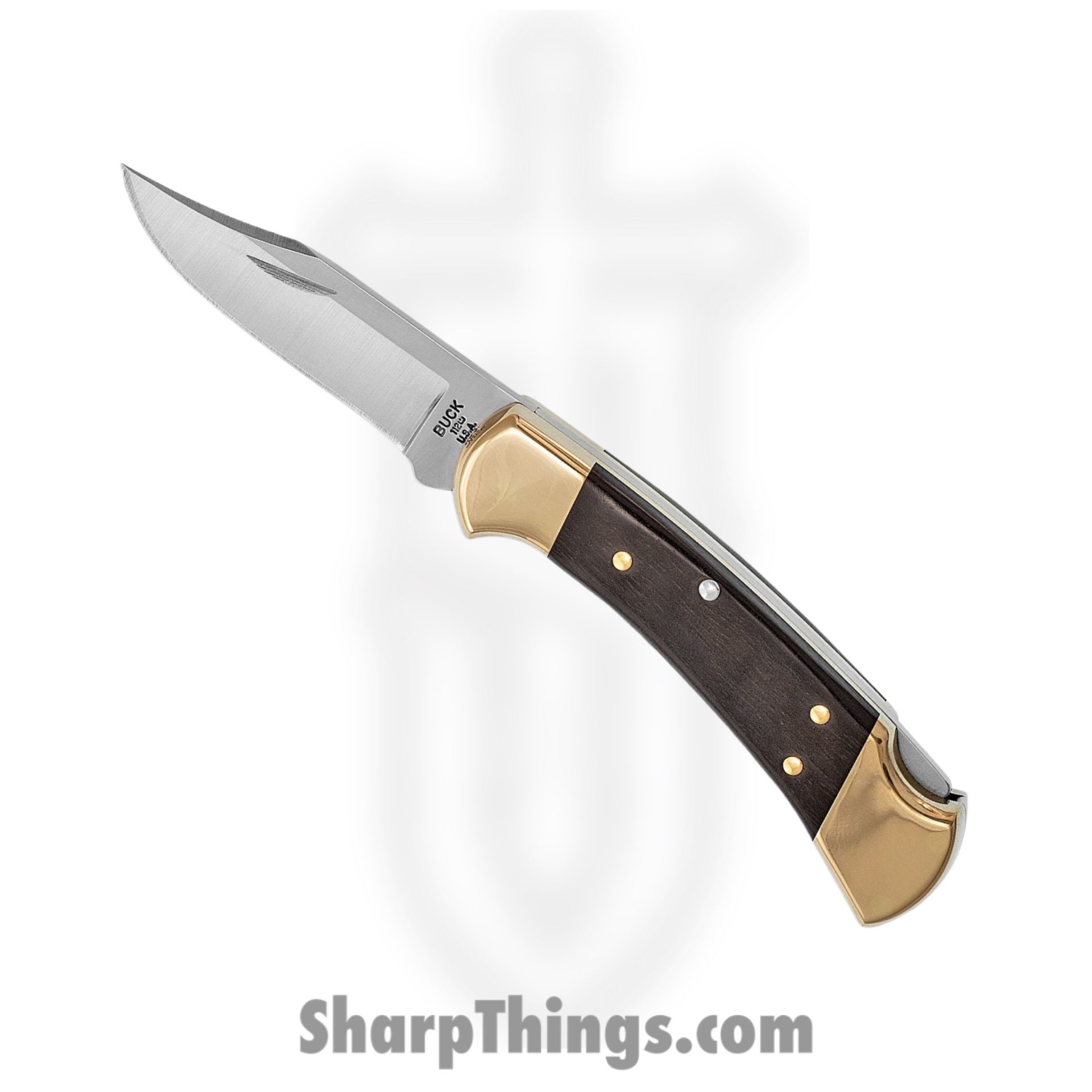 Buck - BU112 - Ranger Lockback - Folding Knife - 420HC Satin Clip Point - Crelicam Ebony Wood With Brass Bolsters - Brown Brass