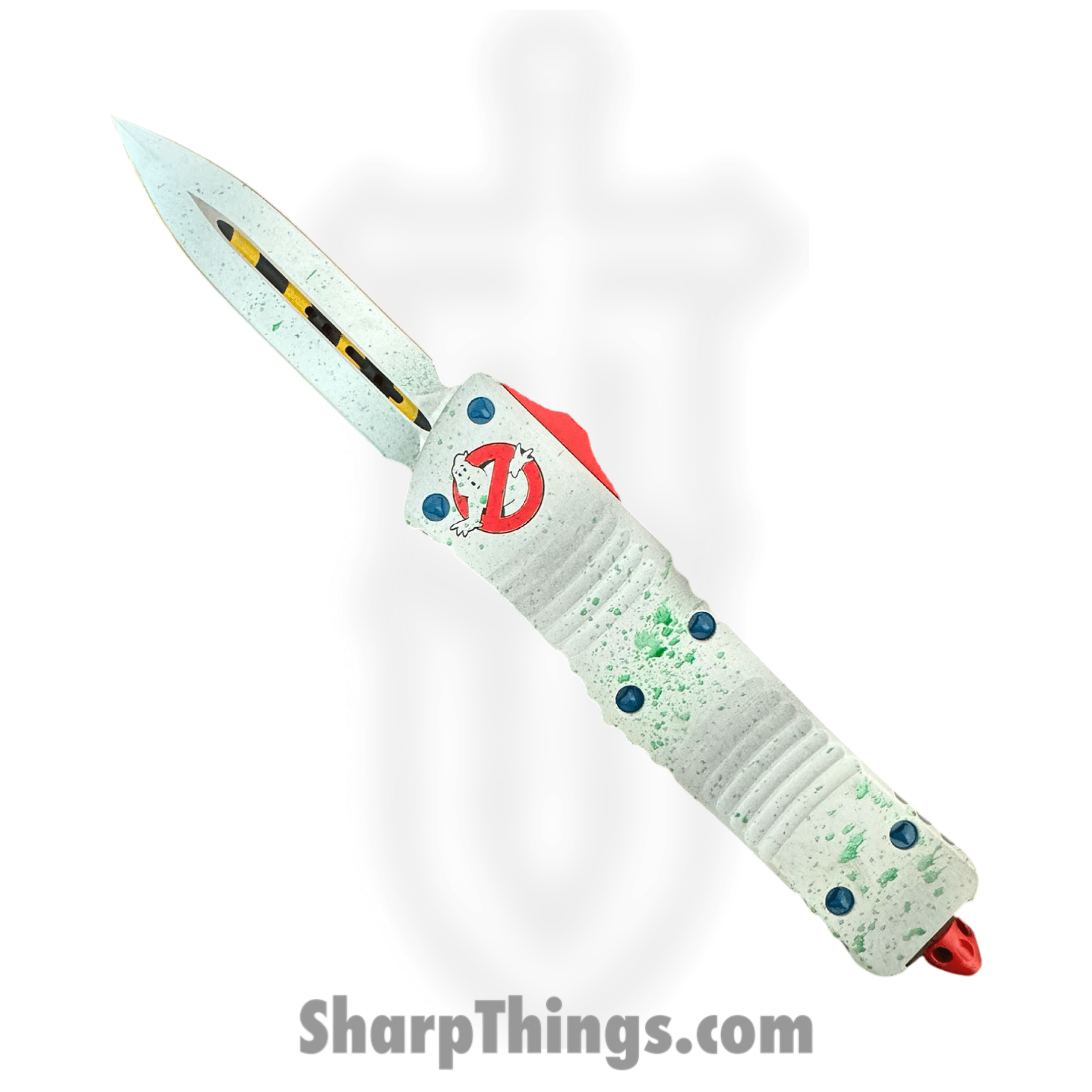 Microtech - 142-1GBS - Combat Troodon D/E Ghost Busters - OTF Auto - M390MK Cerakote Dagger - 6061-T6 Aluminum - White