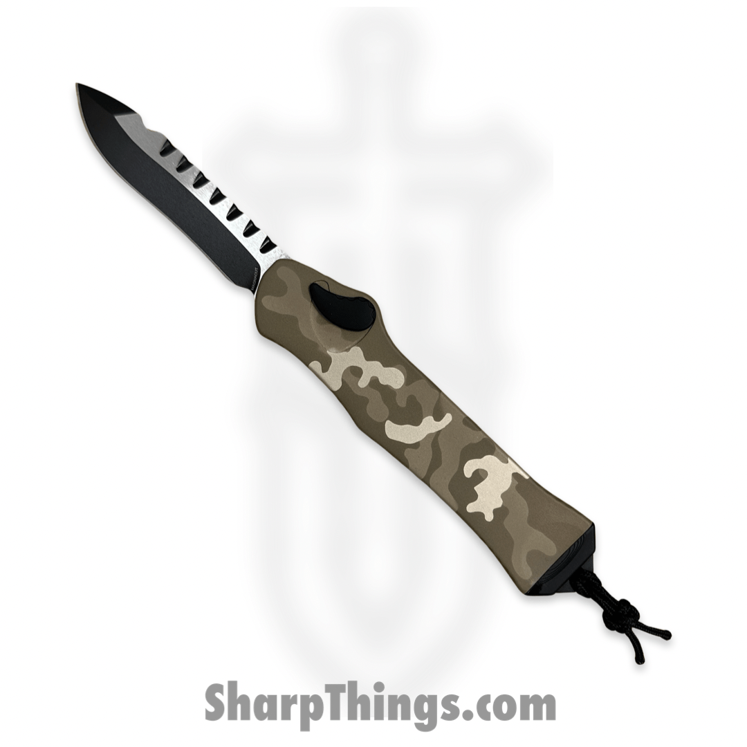 Heretic Knives - H008-10A-TCAMO - Hydra - OTF Auto - CPM Magnacut 2 Tone Recurve - Aluminum - Tan Camo