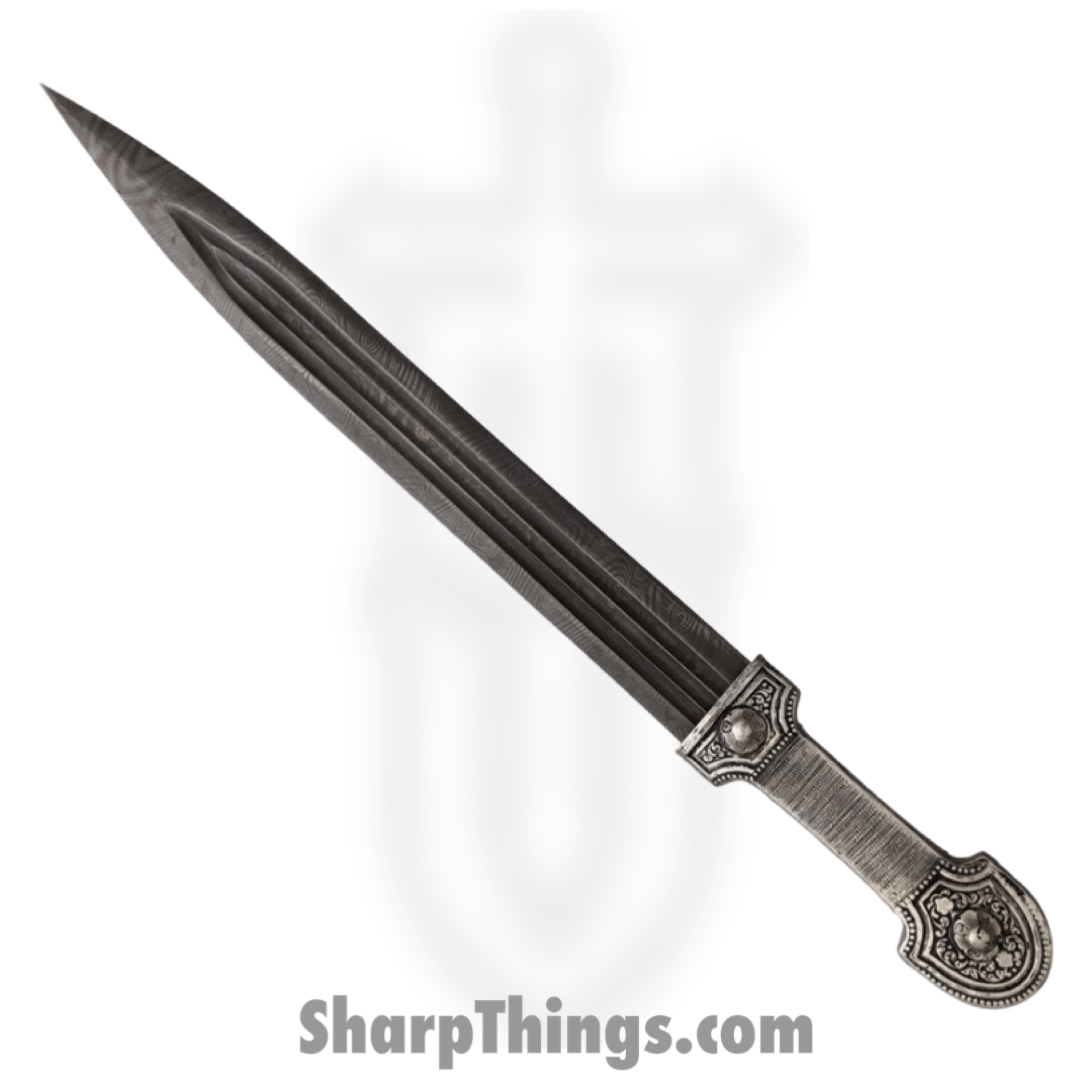 VT Daggers - VTD0059X - Caucasian - Fixed Blade Knife - Damascus Dagger - Silver Plate - Gray