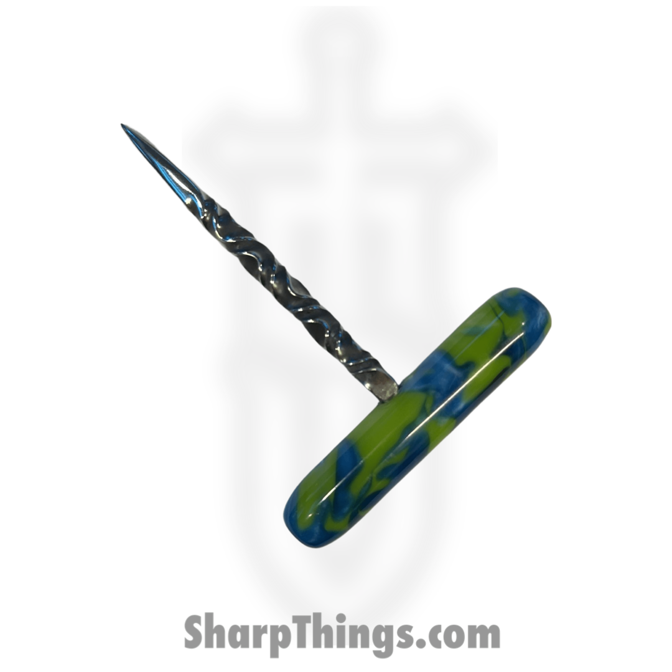 Full Heart Forge - FHF-TS-A-BLGR - T Handle Spike - Fixed Blade Knife - 316 Stainless Satin Spike - Acryllic - Blue, Green