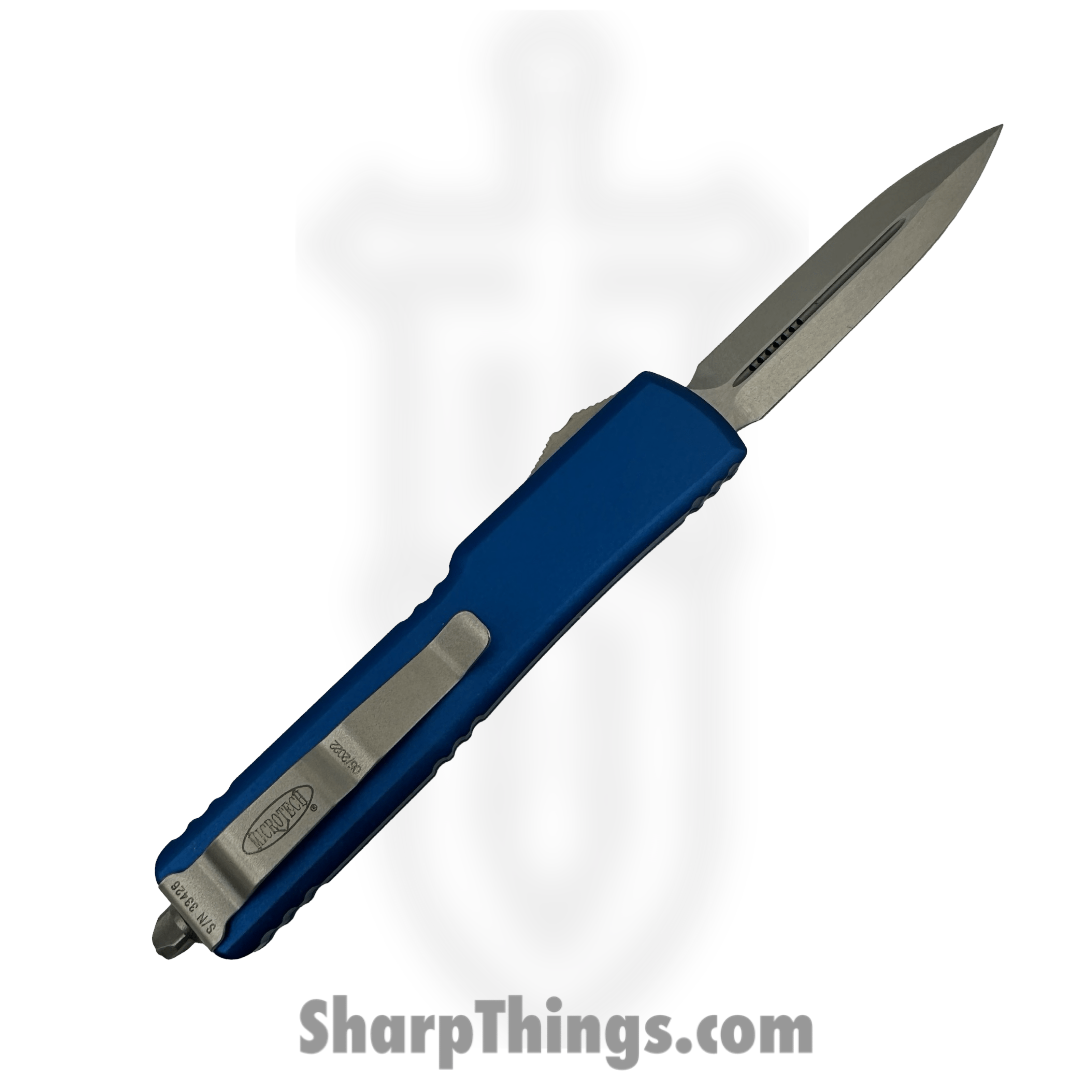 Microtech - 147-10BL - UTX-70 - OTF Auto - Elmax, M390, 204P Stonewash Dagger - 6061-T6 Aluminum - Blue - Image 2