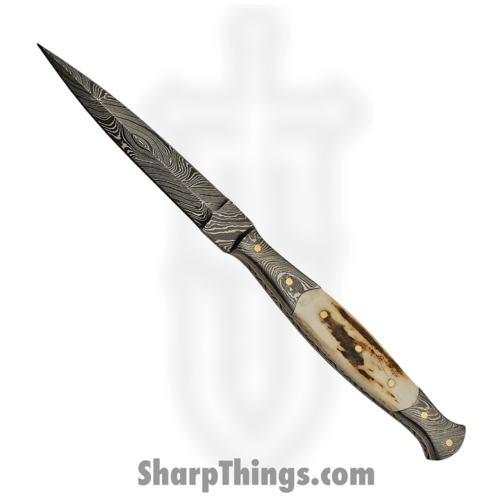 Damascus - DM1178 - Slim - Fixed Blade Knife - Damascus Dagger - Stag Bone - Brown White