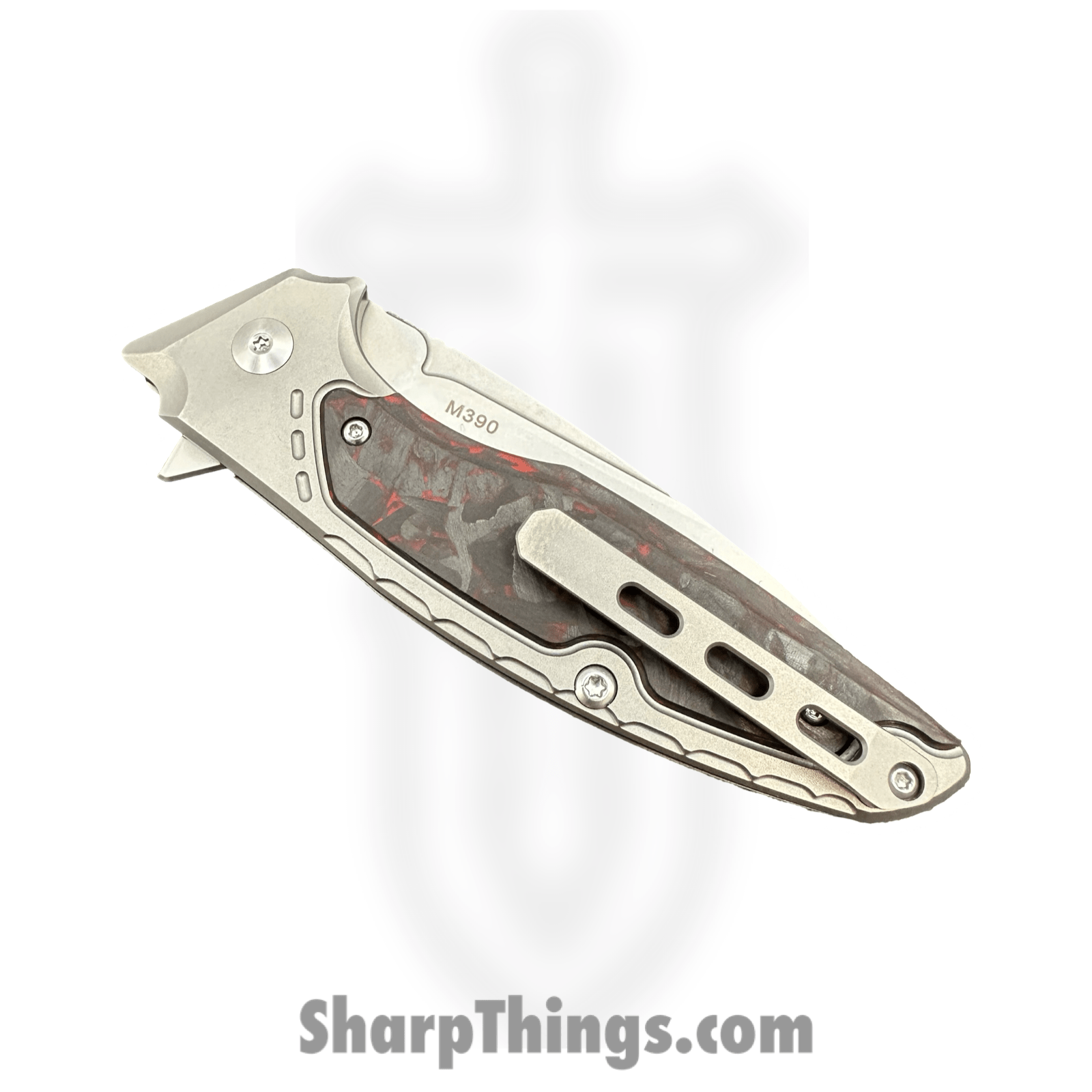 Hwzbben Knives - HWZ-B5-RD - Hermod - Folding Knife - M390 Blasted Drop Point - TA5 Titanium - Carbon Fiber - Black Red - Image 4