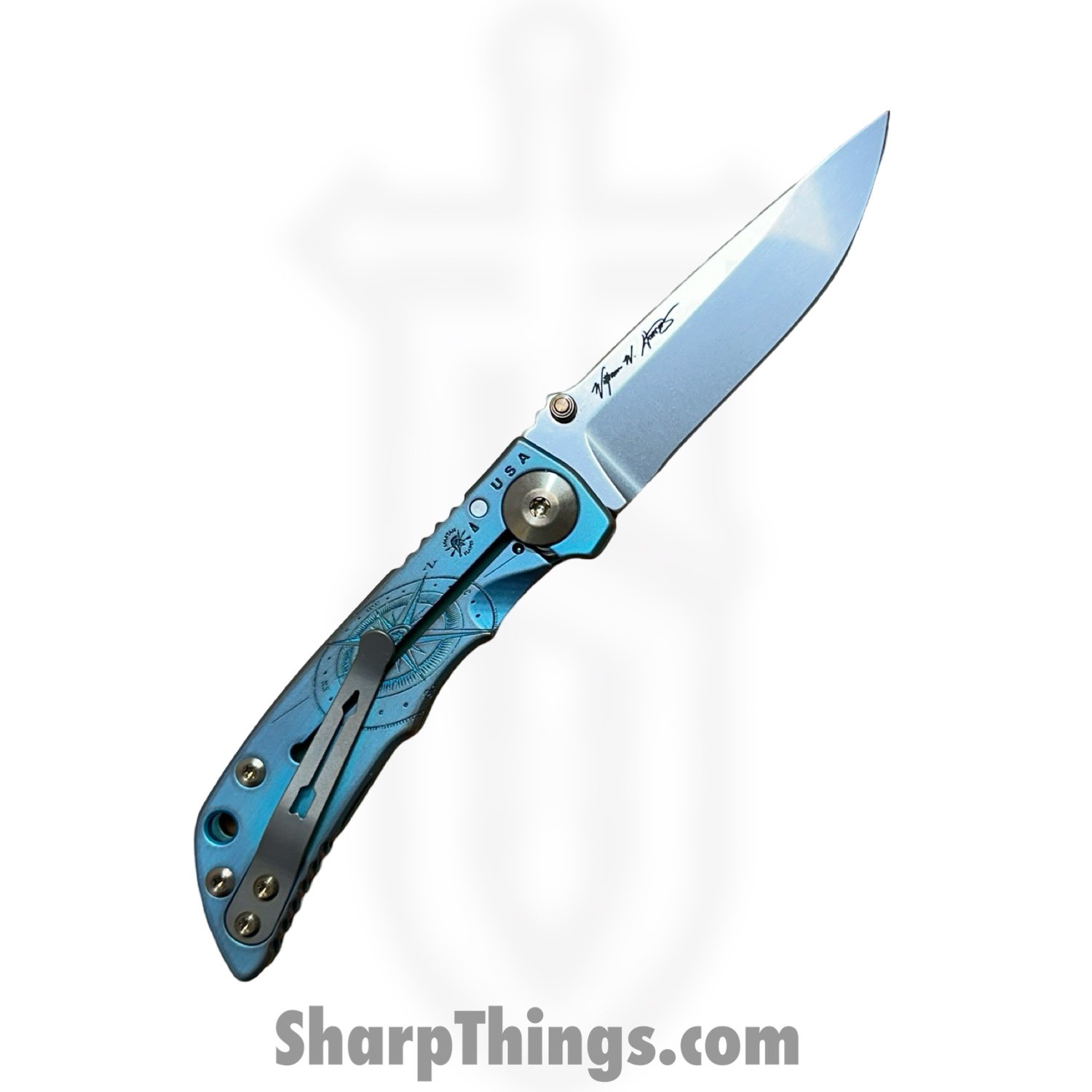 Spartan Blades - SF10CUSCOMP - Harsey Folder Custom 3.25 - Compass - Folding Knife - CPM S45VN Stonewash Drop Point - Titanium - Teal - Image 2