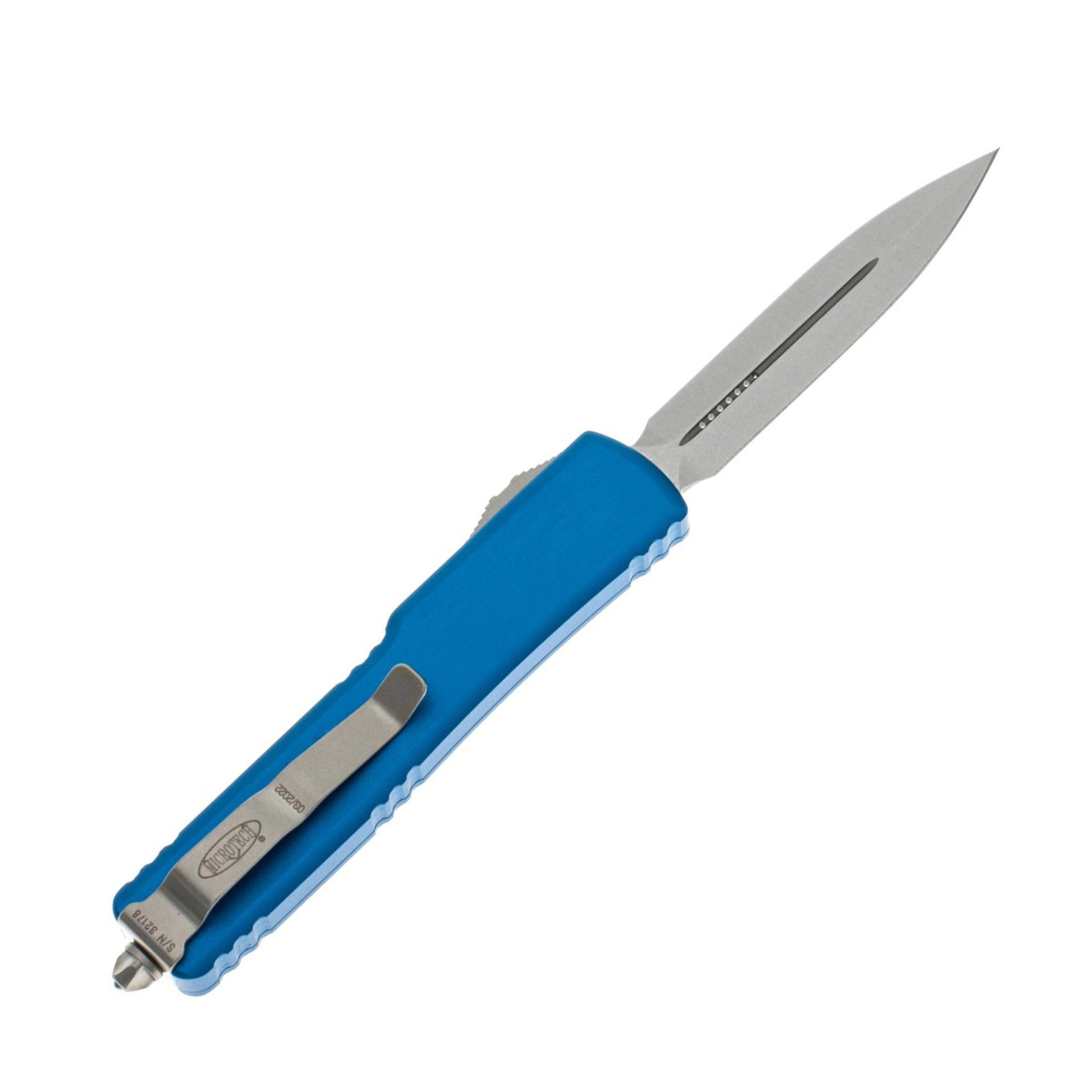 Microtech - 147-10BL - UTX-70 - OTF Auto - Elmax, M390, 204P Stonewash Dagger - 6061-T6 Aluminum - Blue - Image 13