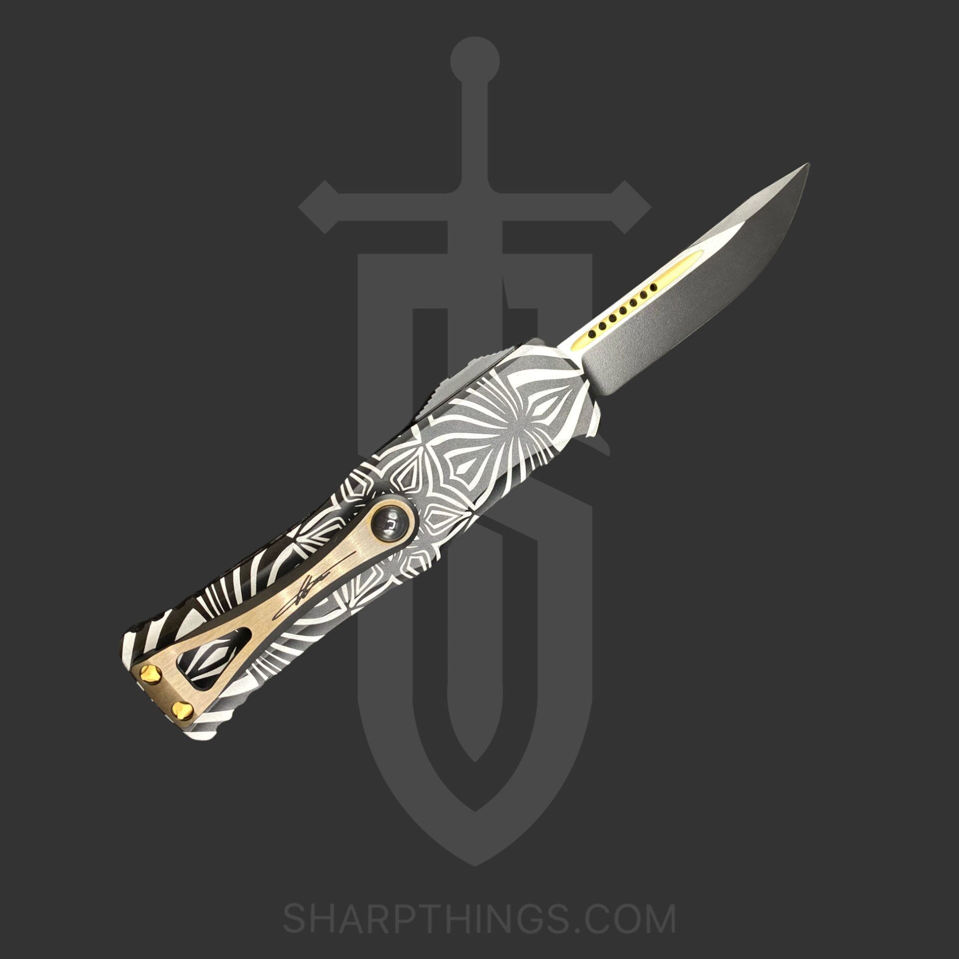 Microtech - 703-1TSOS - Hera Blade Show Signature Series - OTF Auto - M390 Two Tone Drop Point - 6061-T6 Aluminum/Artwork - Black/White/Gold - Image 8