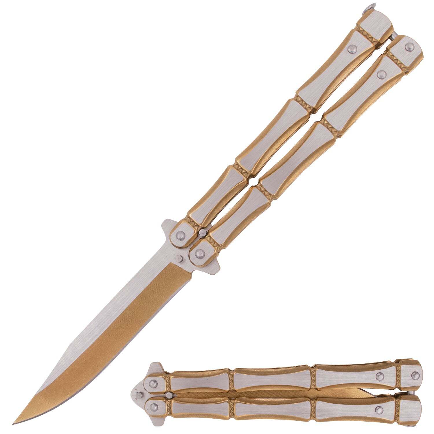 VOC - BF-201-3 - "Bones" Butterfly - Balisong - 1065 SS Two Tone Clip Point - 1065 SS - Gold/Chrome - Image 6